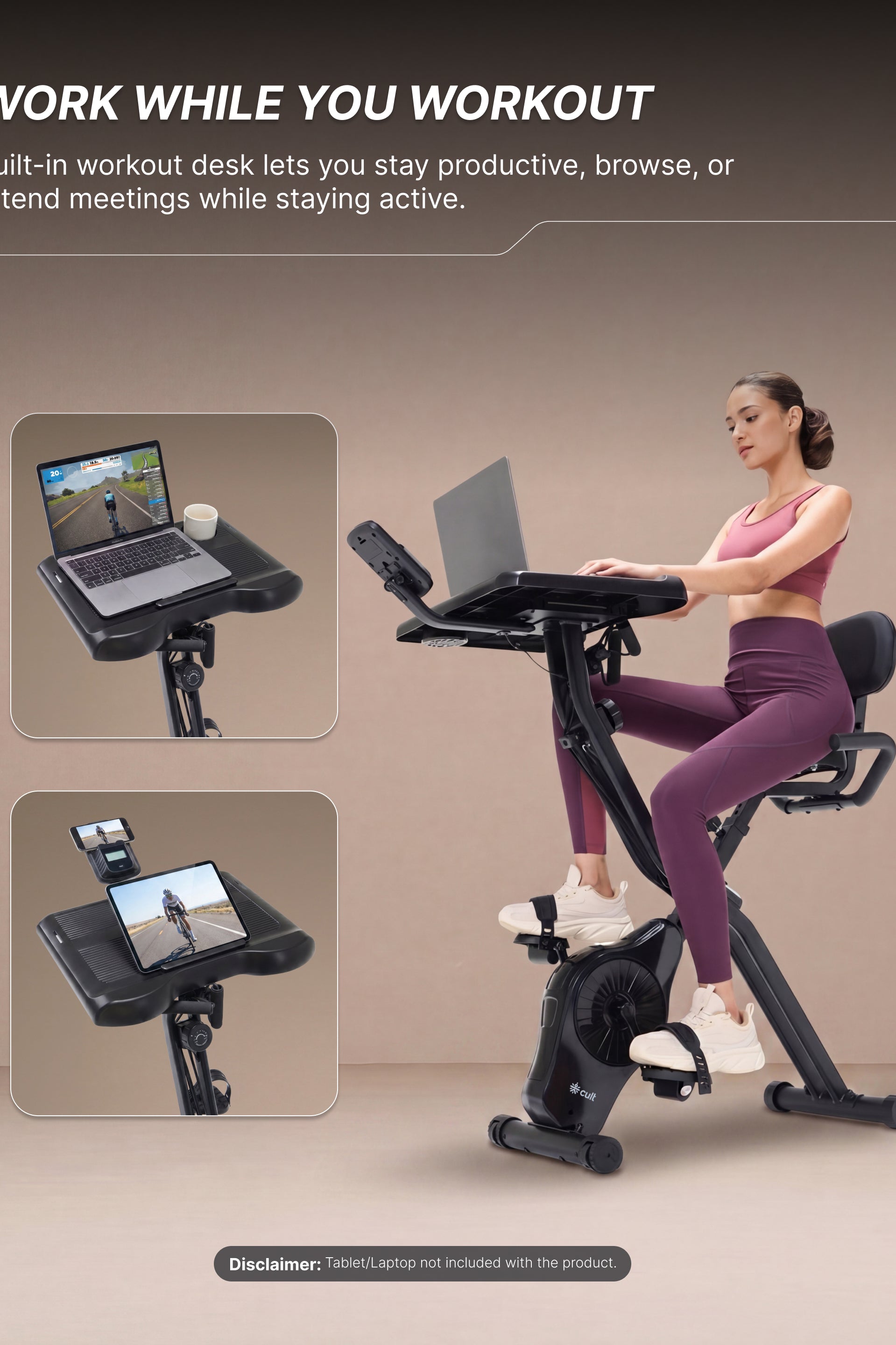 Cult X-Bike with Table | Sturdy & Stable Design | Foldable Exercise Cycle for Home | 8-Level Magnetic Resistance | Adjustable Seat | LCD Display | Laptop & Tablet Desk | 120 kg Capacity - Black