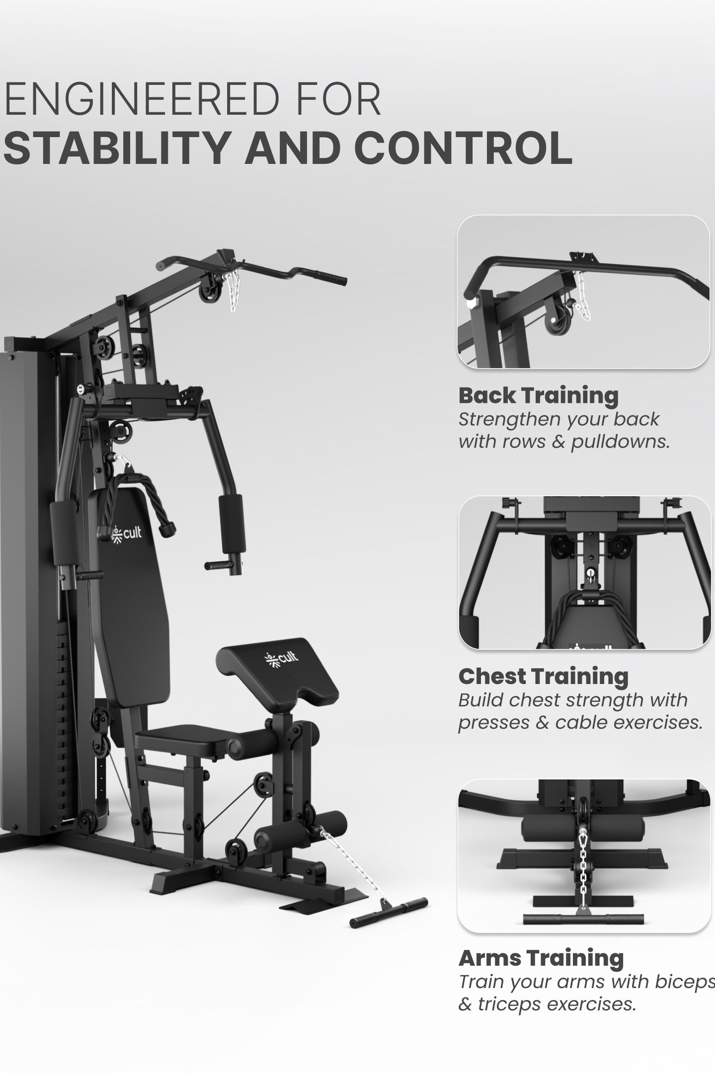 Cult Home Strength Multi Gym Machine | 70 kg Weight Stack | Multi Exercises | High, Mid & Low Pulley | Adjustable Seat | All-in-One Home Gym Equipment for Full Body Strength Training