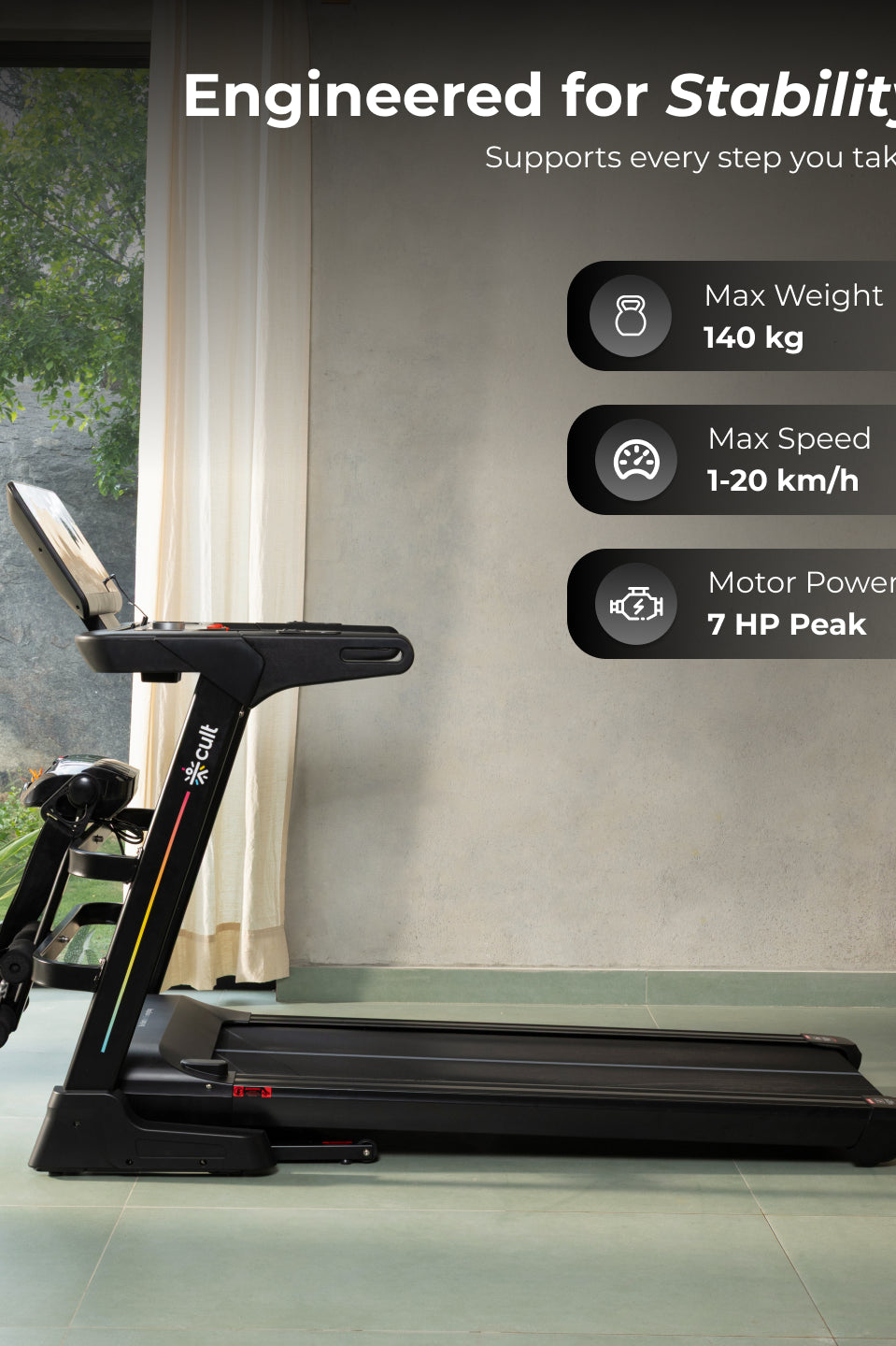Cult SmartStridePro BLDC Motor (7HP Peak) Treadmill with Massager | Max Weight: 140kg | 18 Level Auto Incline (with 6 Months extended warranty)