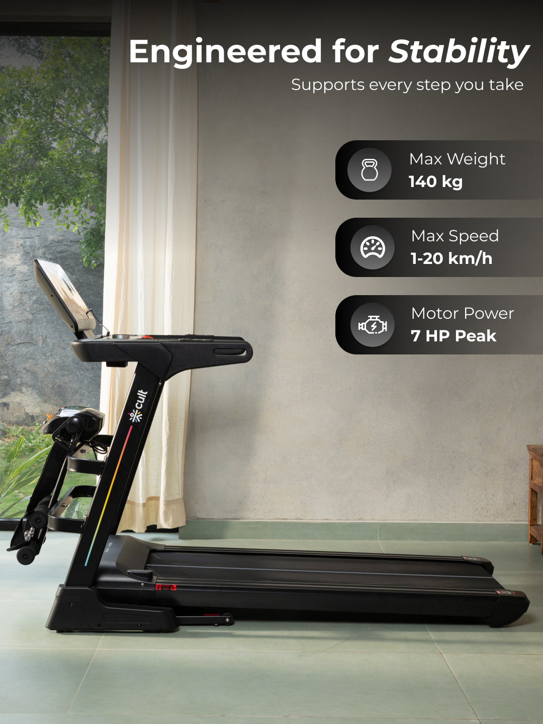 Cult SmartStridePro BLDC Motor (7HP Peak) Treadmill with Massager | Max Weight: 140kg | 18 Level Auto Incline (with 6 Months extended warranty)