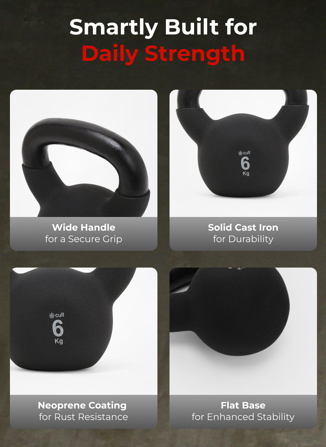 Cult 6kg Neoprene Anti-Slip Grip Kettlebell for Home Workout - Black