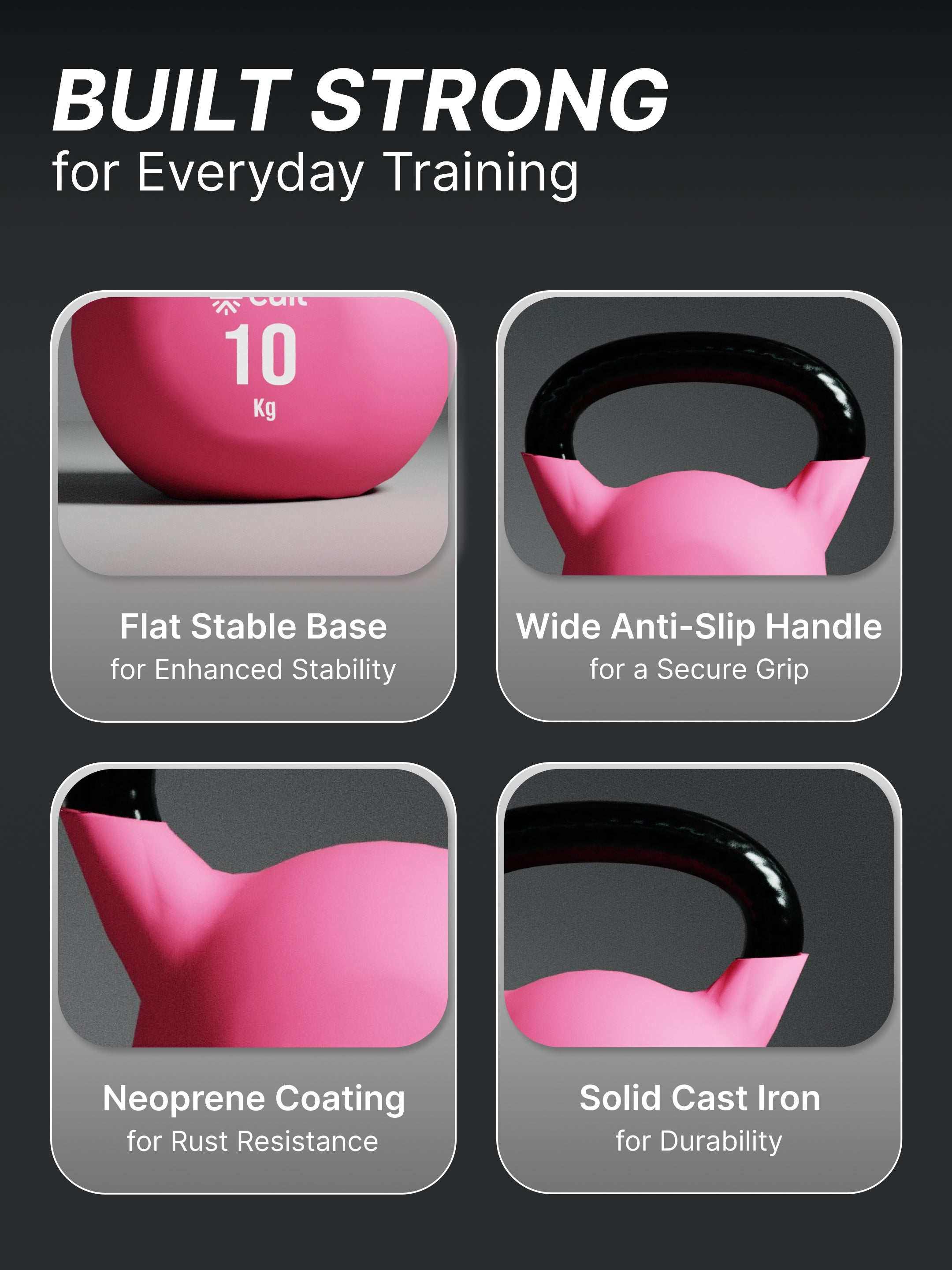 Cult 10kg Neoprene Anti-Slip Grip Colored Kettlebell for Home Workout - Pink