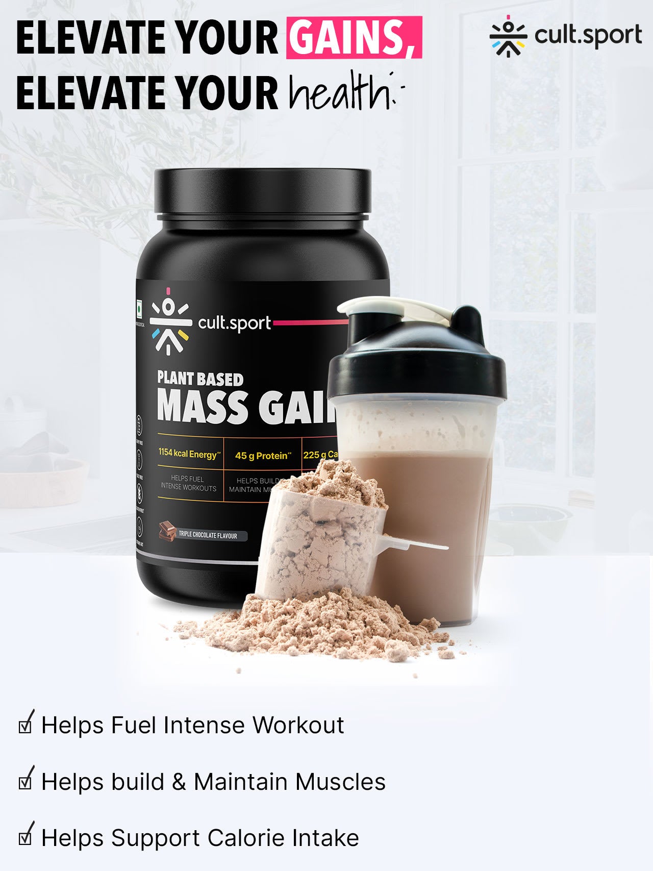 Cultsport Plant-Based Mass Gainer | Triple Chocolate Flavour | Gluten-Free | Cholesterol-Free