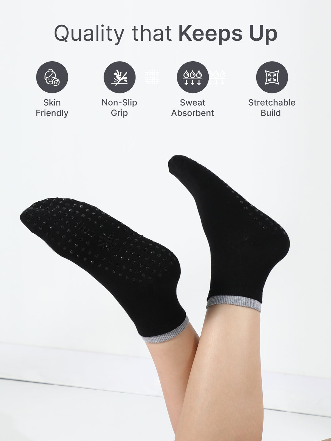 Yoga Anti-skid Ankle Length Pack of 2 Grey & Black Unisex Cotton Socks
