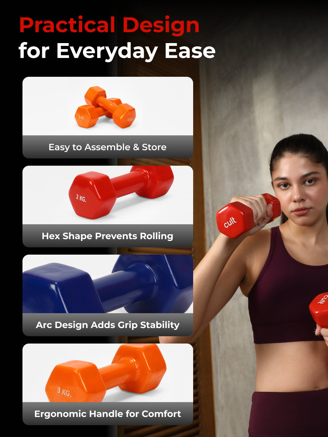 Cult Vinyl Dumbbells Combo for Home Gym Exercise (2kg + 3kg + 5kg Set) 20kg | Dumbbells with Rack