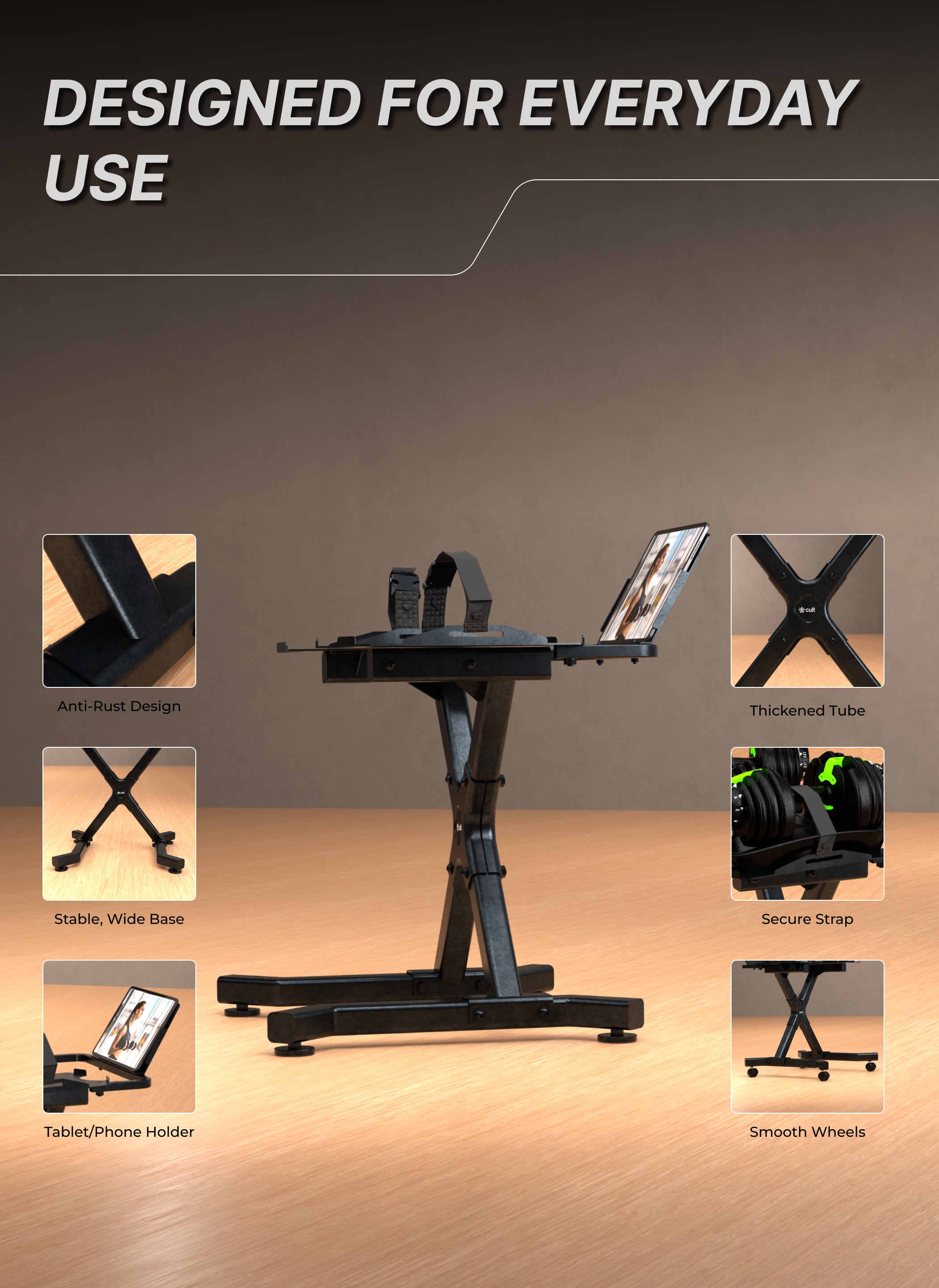 Cult Dumbbell Stand | 100 KG Weight Capacity | With Wheels & Tablet Holder | Protected Edges | Compact Home Gym Storage (6 Months extended Warranty only on Cultstore.com)