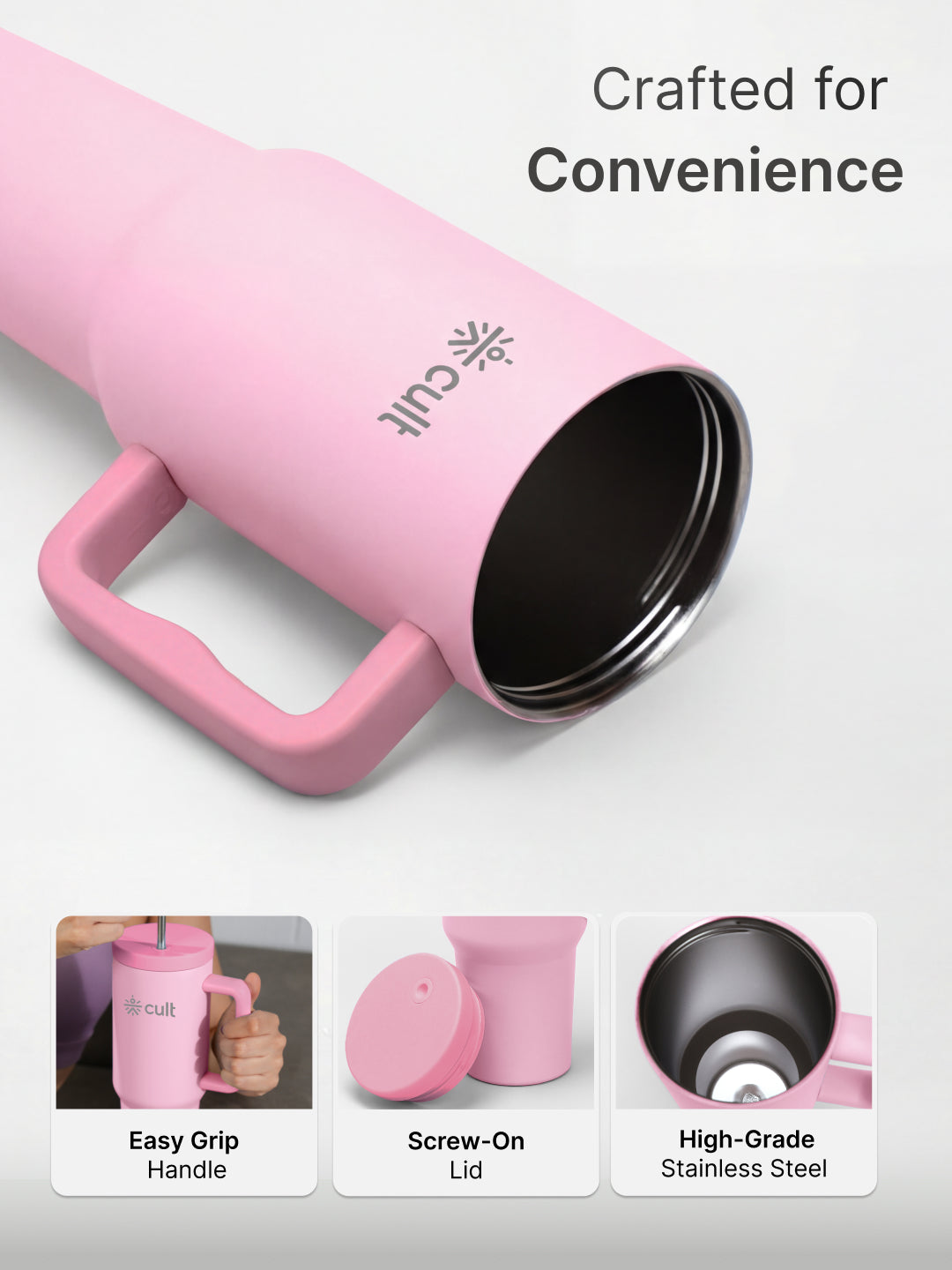 cult Tumbler 1200ML Steel Straw with Straw Cap and Cleaner Unisex Pink