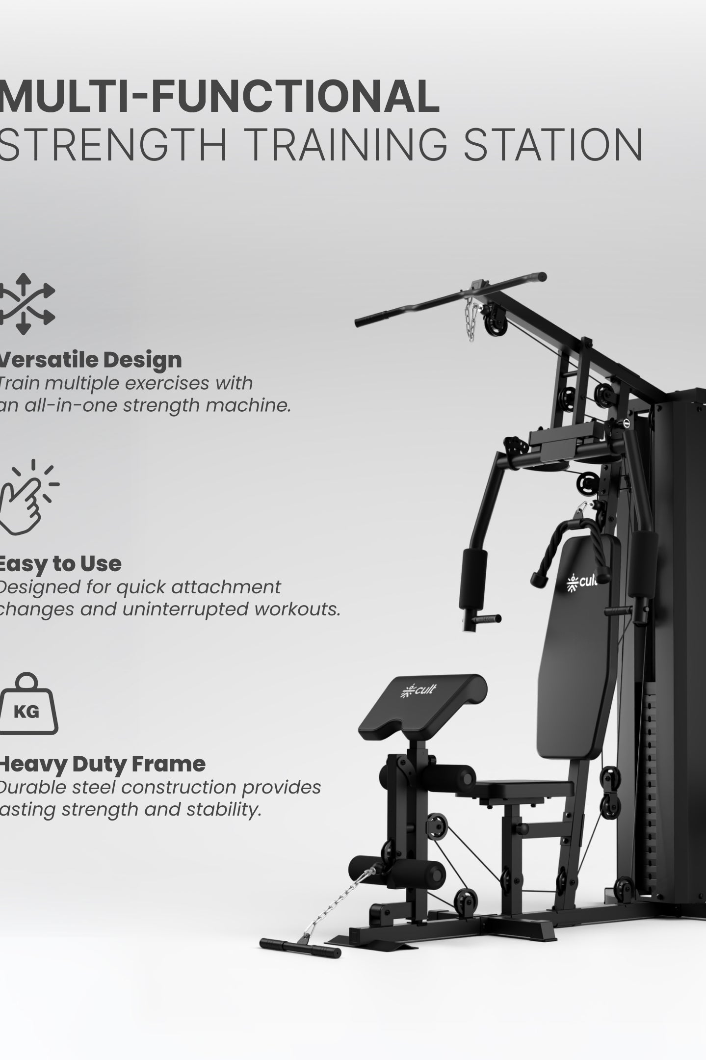Cult Home Strength Multi Gym Machine | 70 kg Weight Stack | Multi Exercises | High, Mid & Low Pulley | Adjustable Seat | All-in-One Home Gym Equipment for Full Body Strength Training