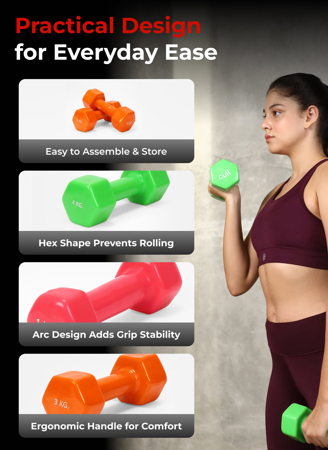 Cult Vinyl Dumbbells Combo for Home Gym Exercise (1kg + 3kg + 4kg Set) 16kg | Dumbbells with Rack