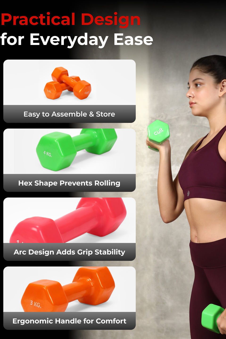 Cult Vinyl Dumbbells Combo for Home Gym Exercise (1kg + 3kg + 4kg Set) 16kg | Dumbbells with Rack