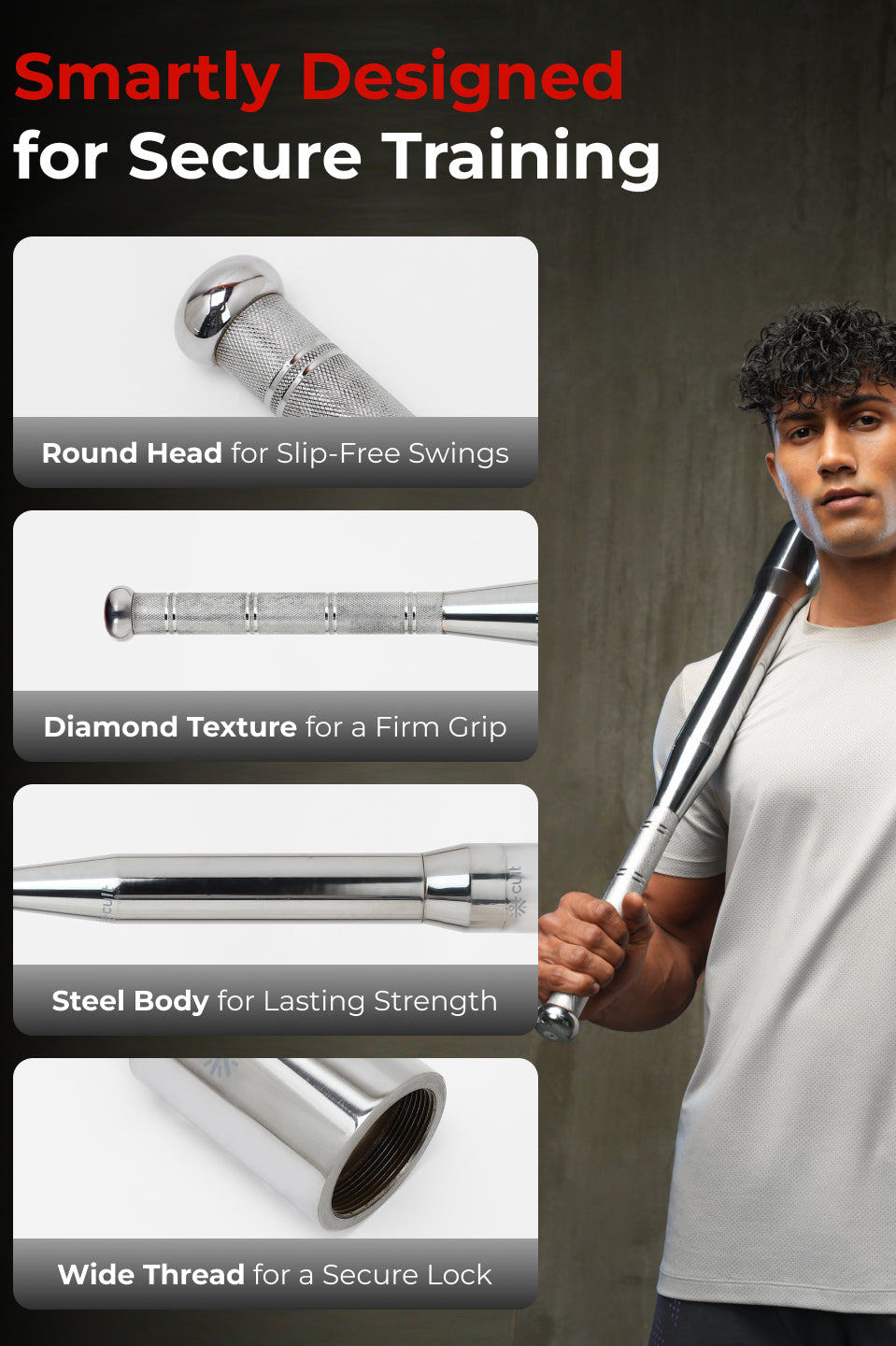 Cult 3-in-1 Adjustable Steel 7.5KG Mudgar for Full Body Training | Silver Indian Clubs (7.5 kg)