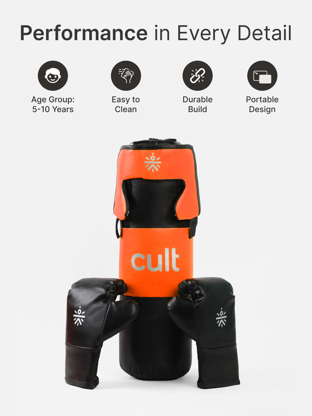 cult Kids Boxing Kit - Punching bag, Boxing Gloves and Head gear Orange