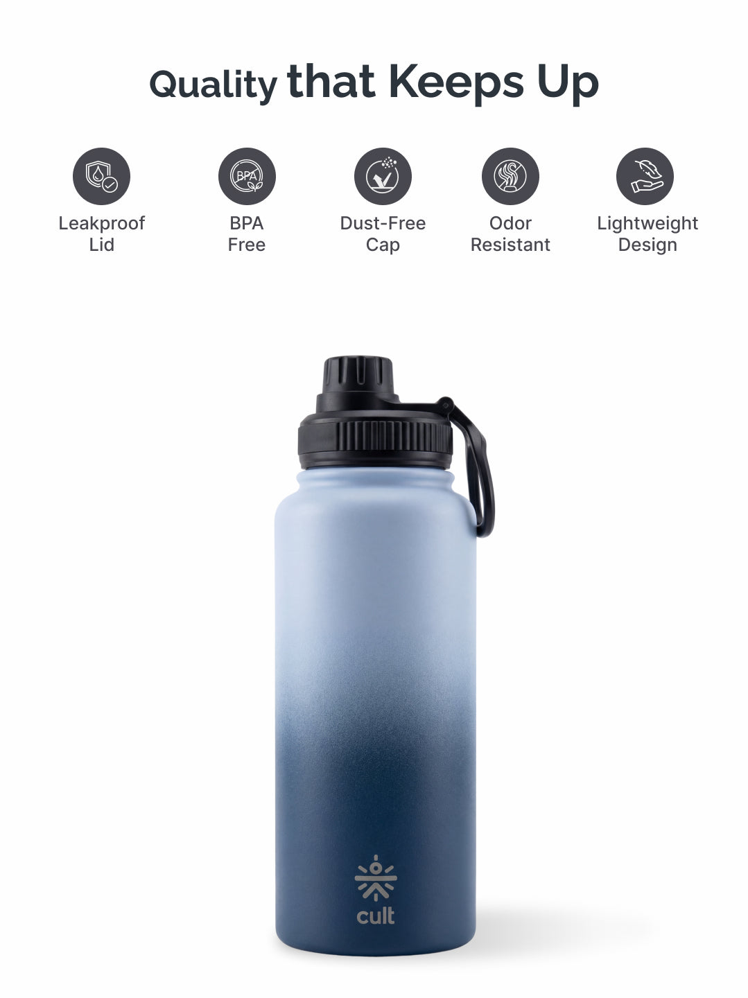 Cult 1L Insulated 24Hr Hot and Cold Water Bottle Leakproof Sports Cap Stainless Steel Blue