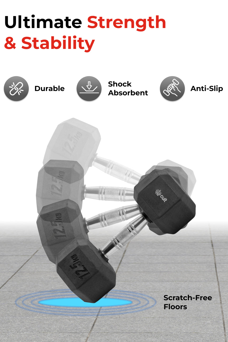 Cult 12.5Kg Hex Dumbbells For Home & Gym Exercises, Set of 2, (Black)