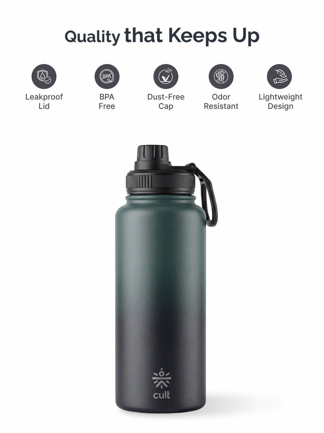 Cult 1L Insulated 24Hr Hot and Cold Water Bottle Leakproof Sports Cap Stainless Steel Green