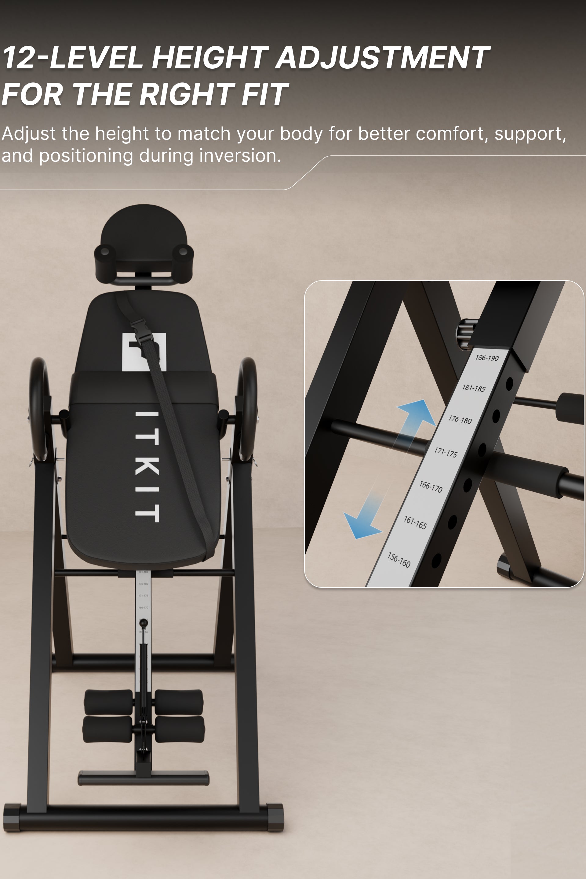 Fitkit by cult Inversion Table | 4 Inversion Positions | 120 Kg Weight Support | Adjustable Height | Safety Belt & Ankle Locking System | Back Stretching & Spine Decompression Equipment | Foldable Compact Home Fitness Tool