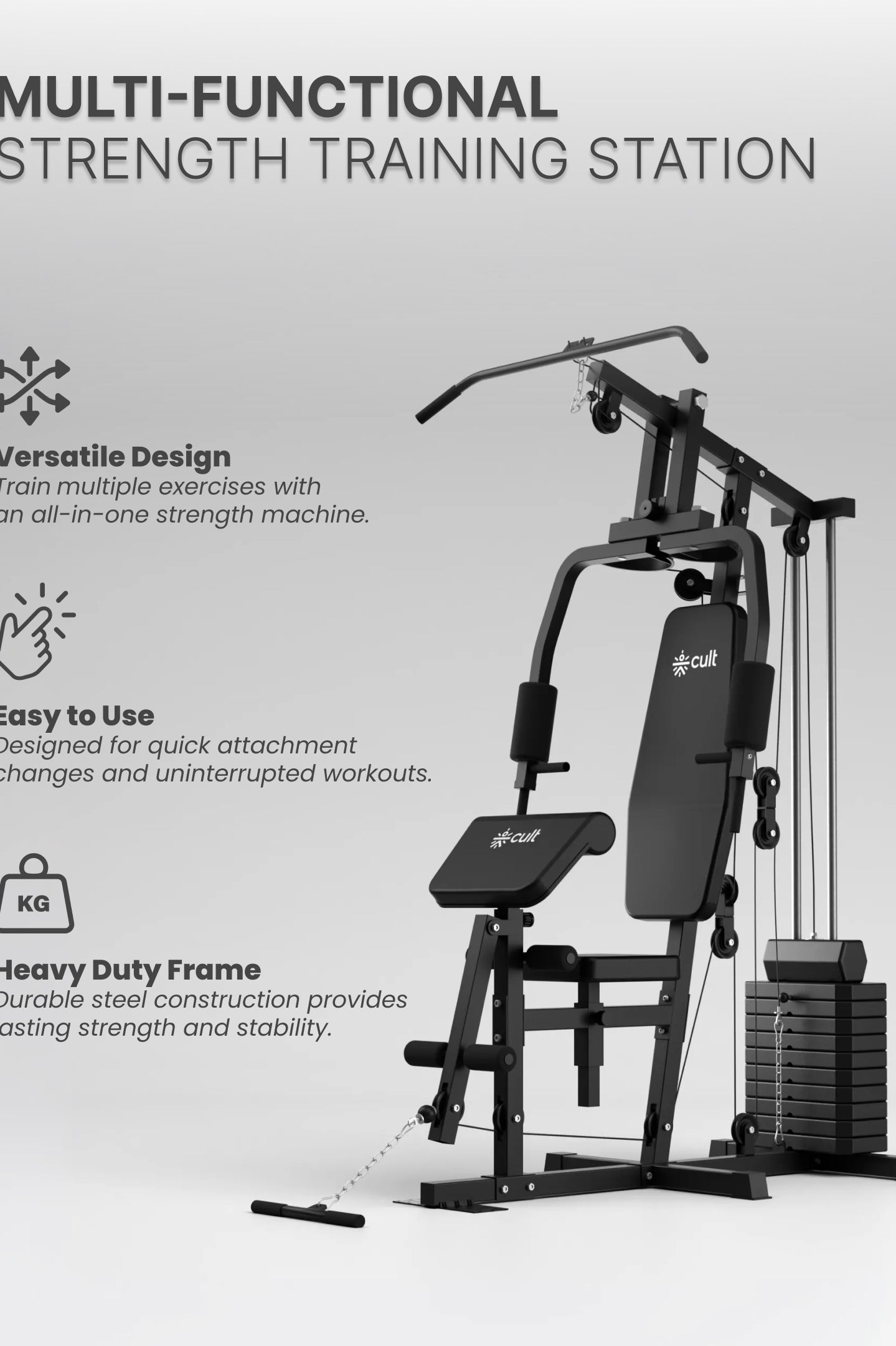 Cult Home Strength Multi Gym Machine | 45 kg Weight Stack | Multi Exercises | High, Mid & Low Pulley | Adjustable Seat | All-in-One Home Gym Equipment for Full Body Strength Training