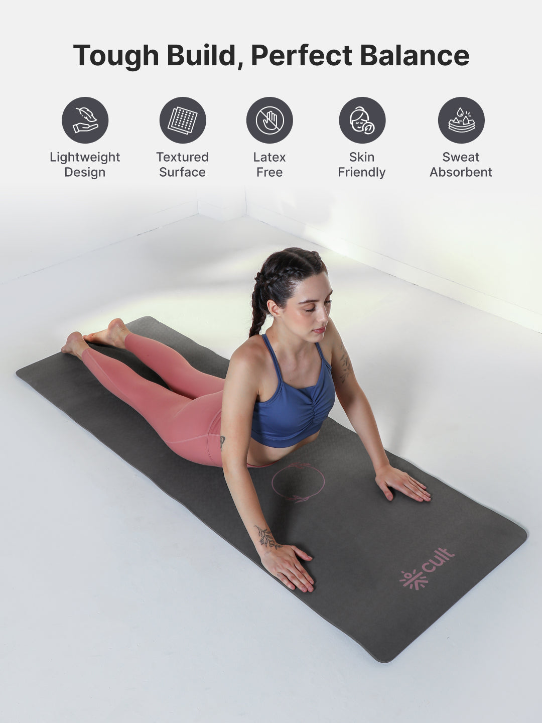 CULT Ultra Cushioned 8mm TPE Yoga & Pilates Mat Eco-Friendly, Skin-Friendly, Anti-Skid, Tear-Resistant, Lightweight & Portable with Carry Strap and Bag Ideal for Home, Gym & Outdoor Workouts - Dark Grey