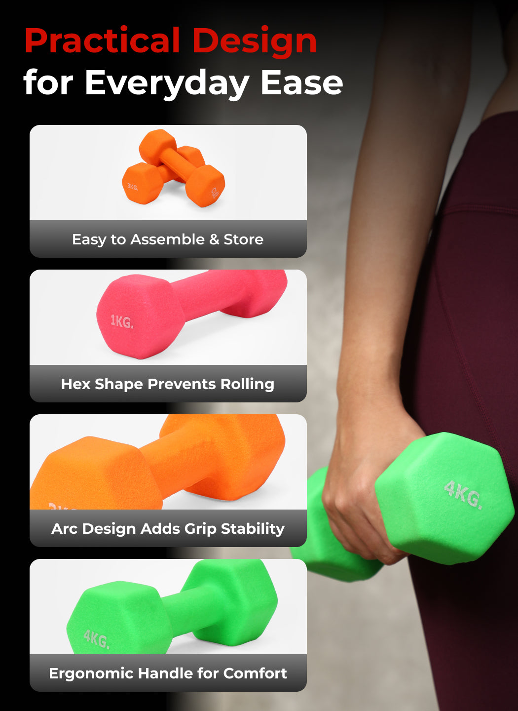 Cult Neoprene Dumbbells Combo for Home Gym Exercise (1kg + 3kg + 4kg Set) 16kg | Dumbbells with Rack