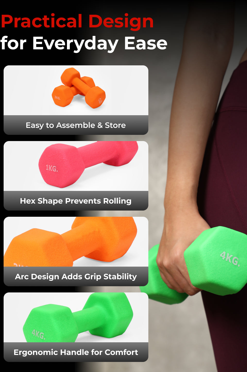 Cult Neoprene Dumbbells Combo for Home Gym Exercise (1kg + 3kg + 4kg Set) 16kg | Dumbbells with Rack