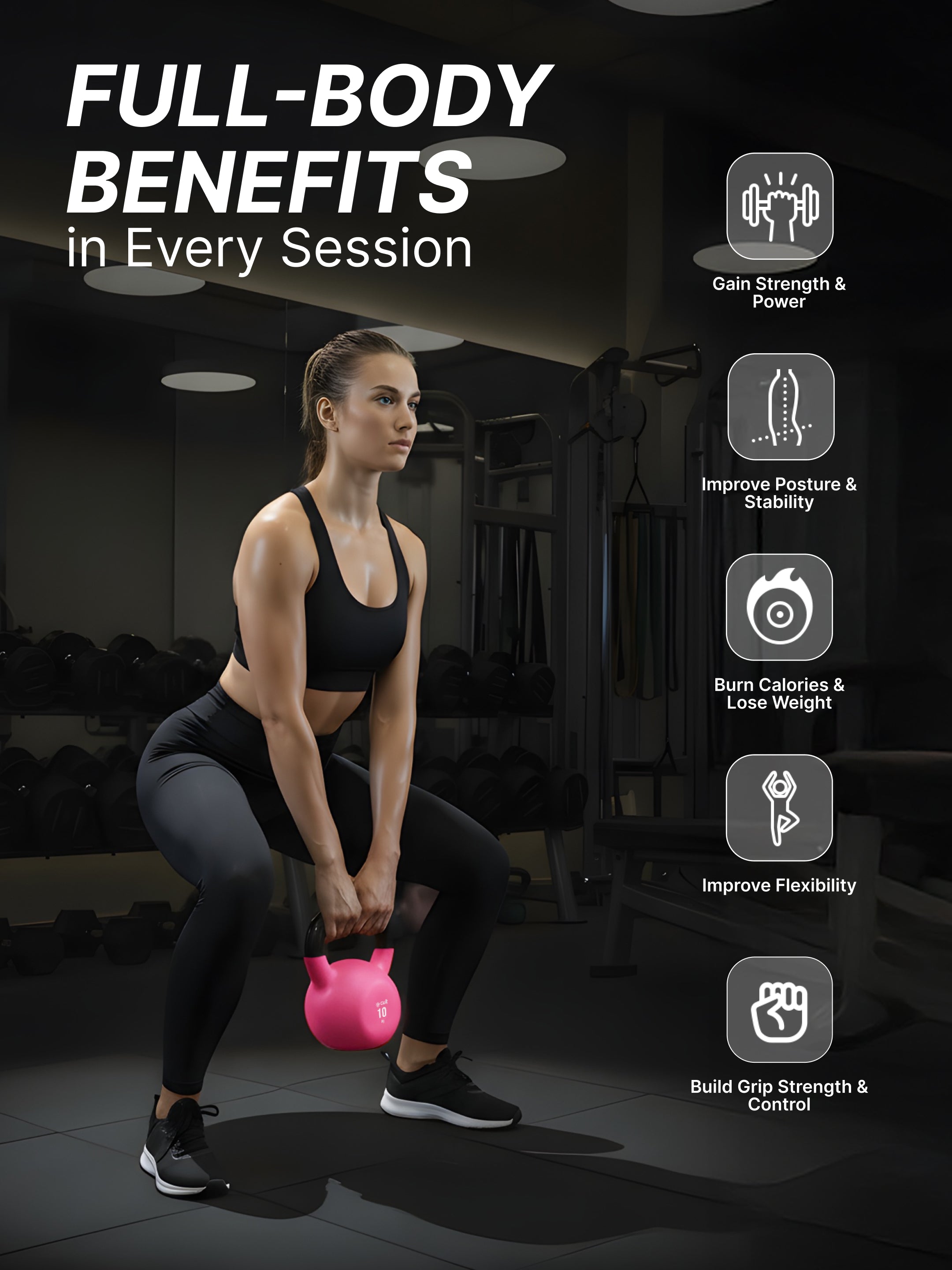 Cult 10kg Neoprene Anti-Slip Grip Colored Kettlebell for Home Workout - Pink