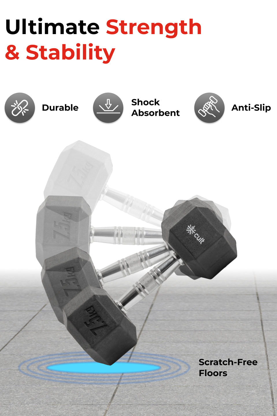 Cult 7.5Kg Hex Dumbbells For Home & Gym Exercises, Set of 2, (Black)