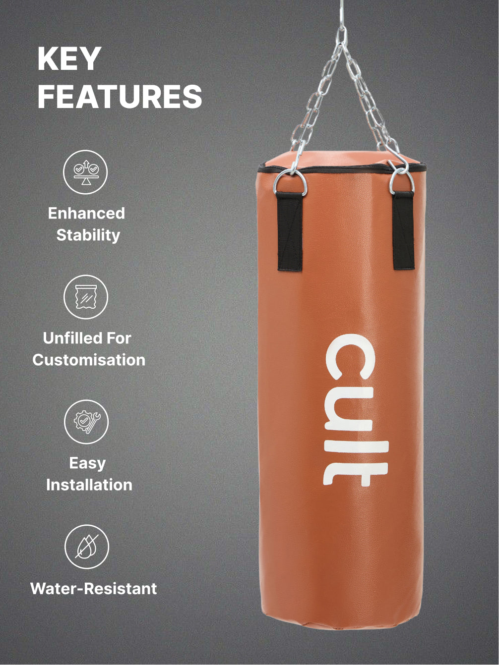 cult Punching Bag Tan 4ft Heavy Duty Punching Bag for Boxing, Kickboxing, MMA Training Reinforced Stitching Durable PU Leather Hanging Chain Included Unfilled Easy to Install For Home & Gym Use