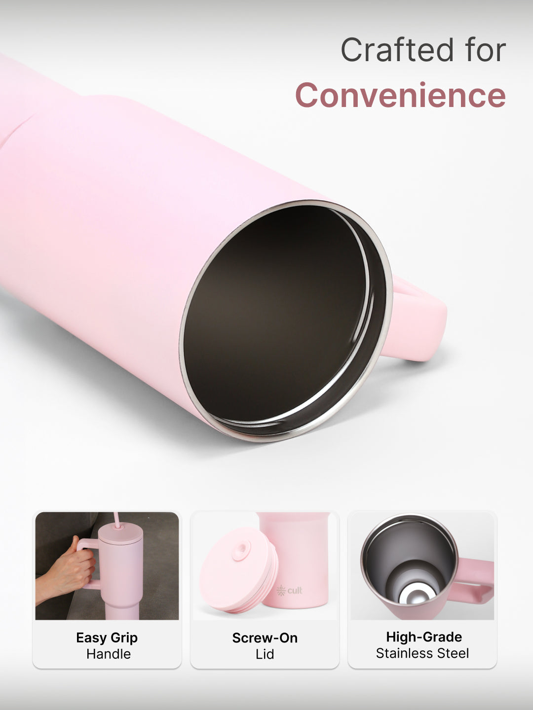 cult Steel Tumbler Double Vaccum Insulated for Hot and Cold 1200 ml Unisex Pink with Straw