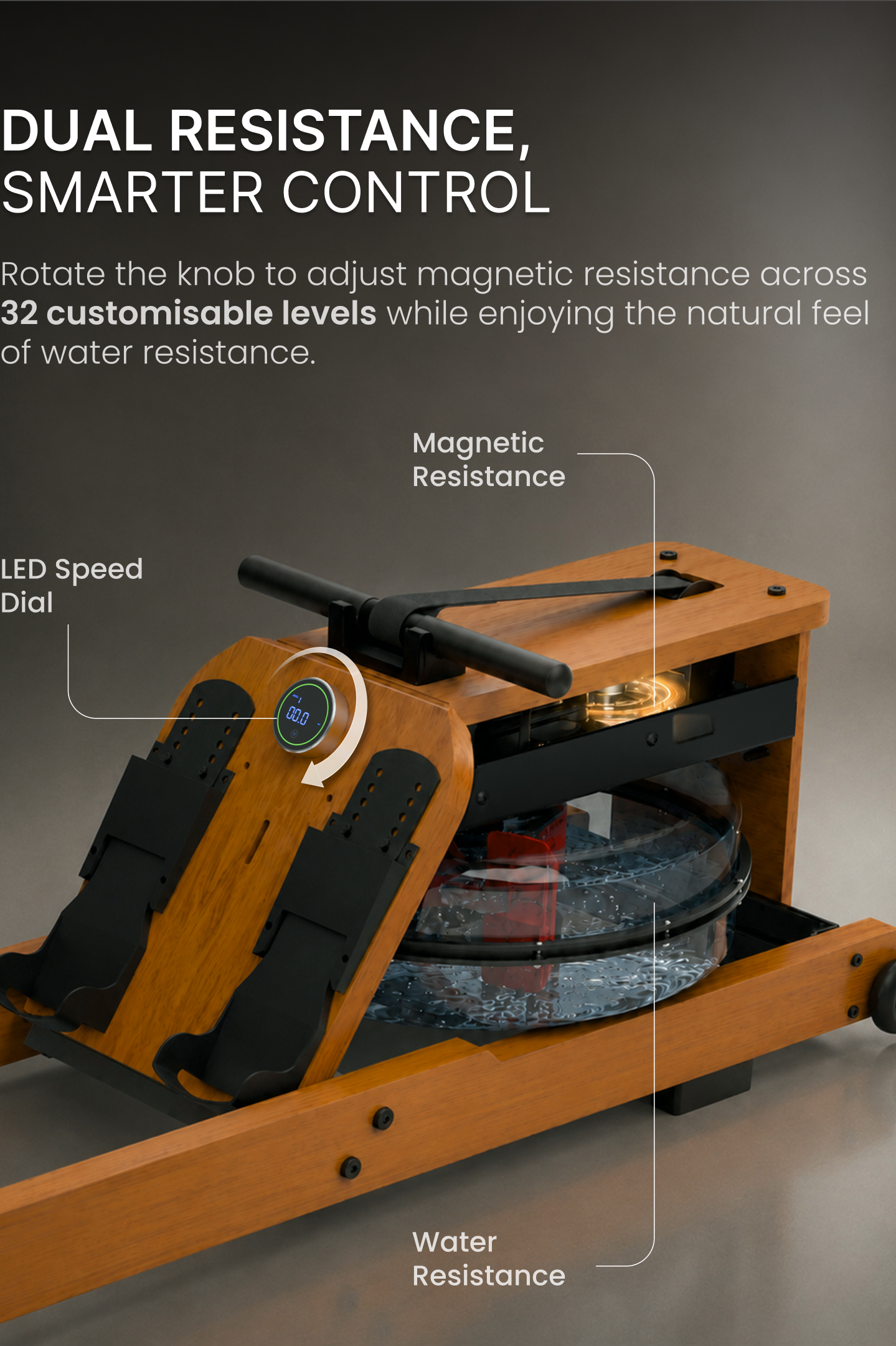 Cult Smart Water Rowing Machine for Home Gym | Dual Resistance | 32-Level Magnetic Resistance | Foldable Wooden Rowing Machine | 120 kg Capacity | Compact & Foldable Design