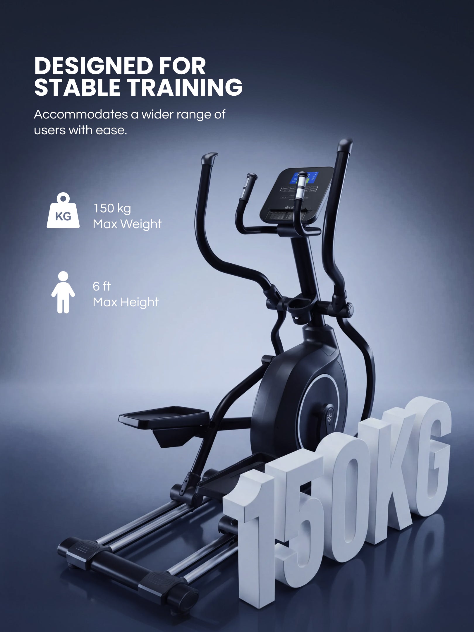 Cult Stratus Elliptical Cross Trainer for Home | 150 kg Capacity | 19.6-Inch Natural Stride | 16-Level Electronic Magnetic Resistance | LED Display