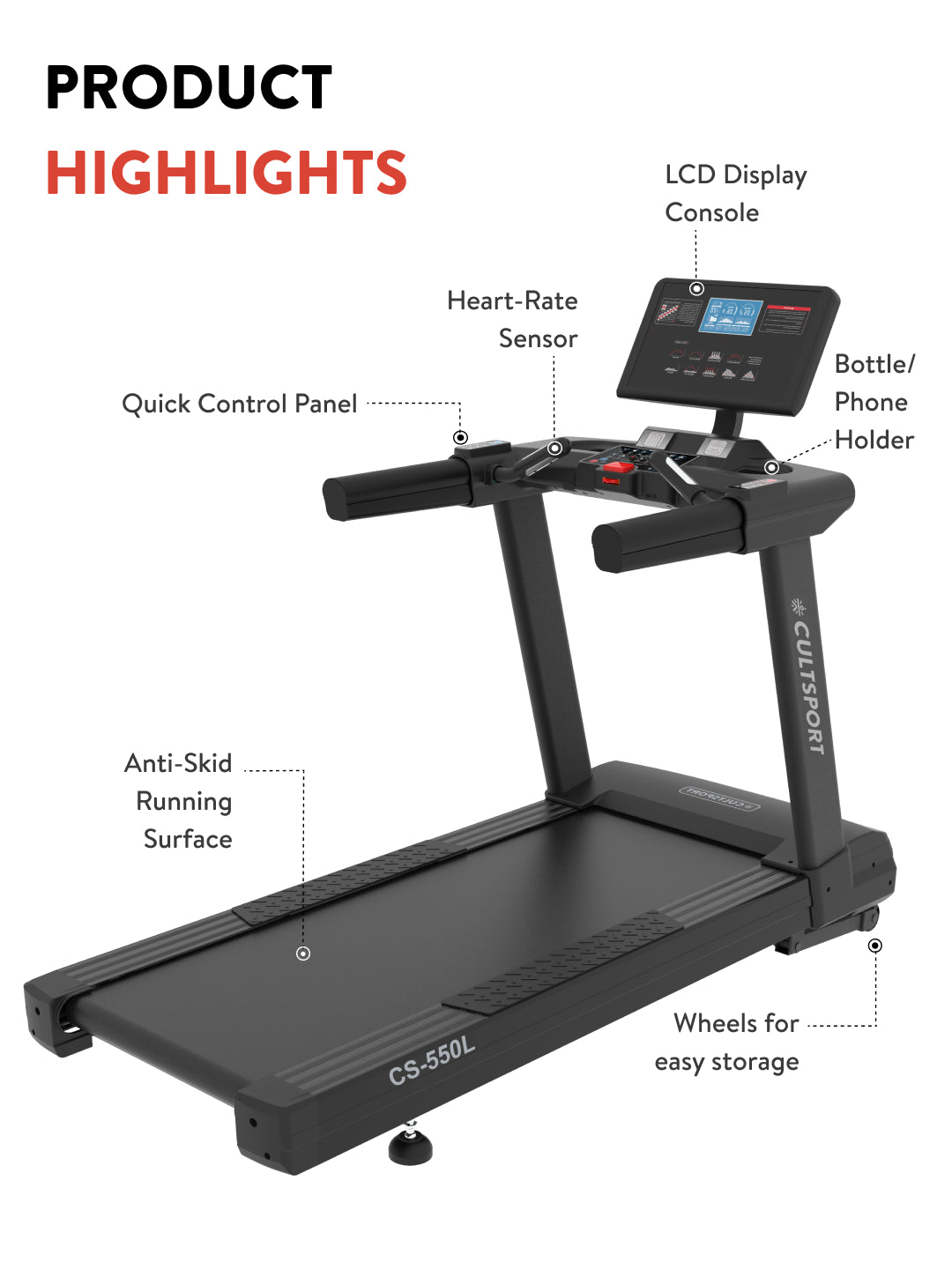 Cult OptiRun Blitz CS550L Treadmill | 3HP Motor Power | Max Weight Support: 160Kg | Max Speed - 20kmph (with 6 months extended warranty)
