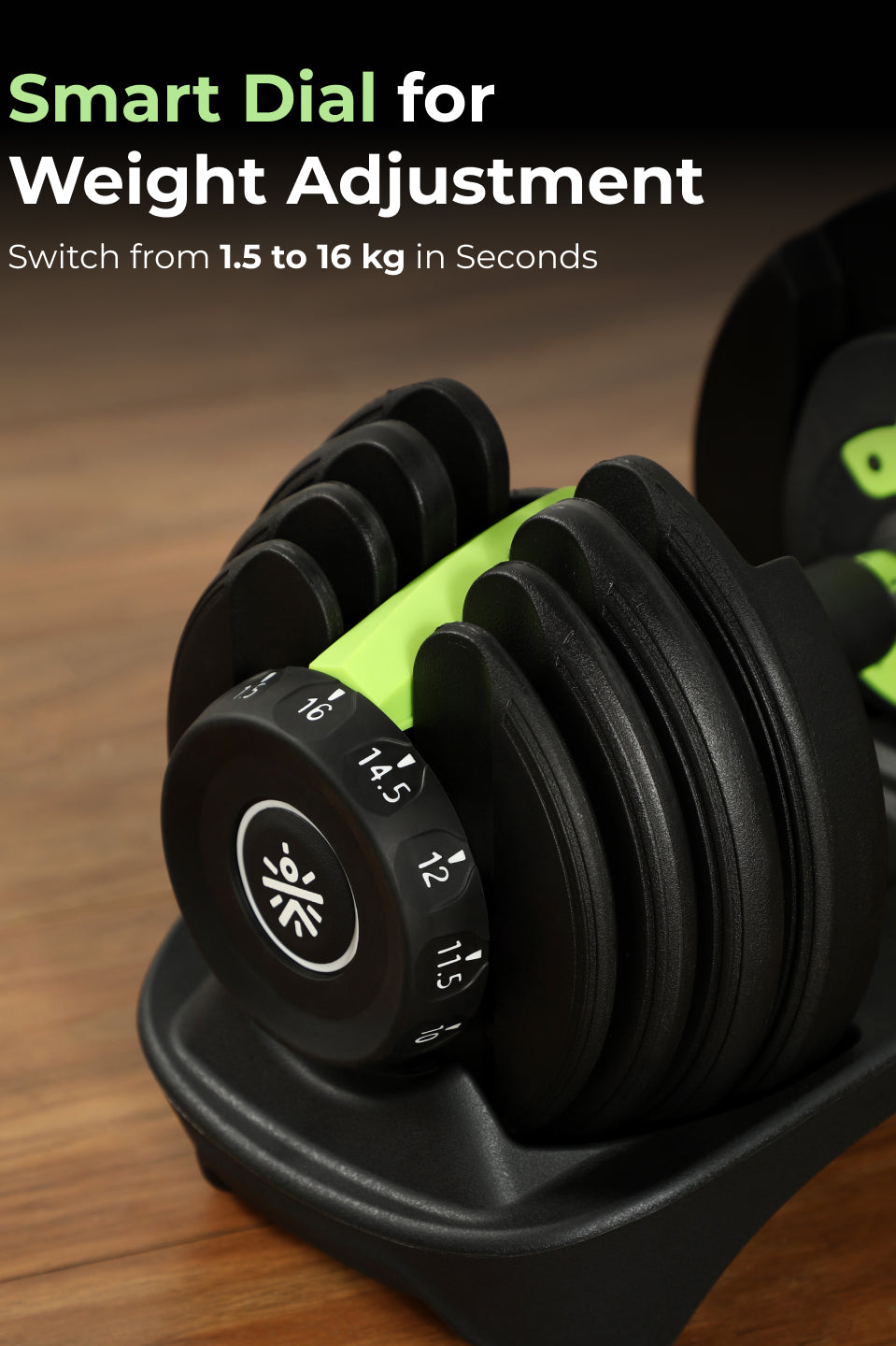 Cult 16kg Adjustable Dumbbell | 12 Weight Options (1.5kg-16kg) | Quick Weight Adjustment Dial | Non-Slip Compact Home Gym Dumbbell - Black