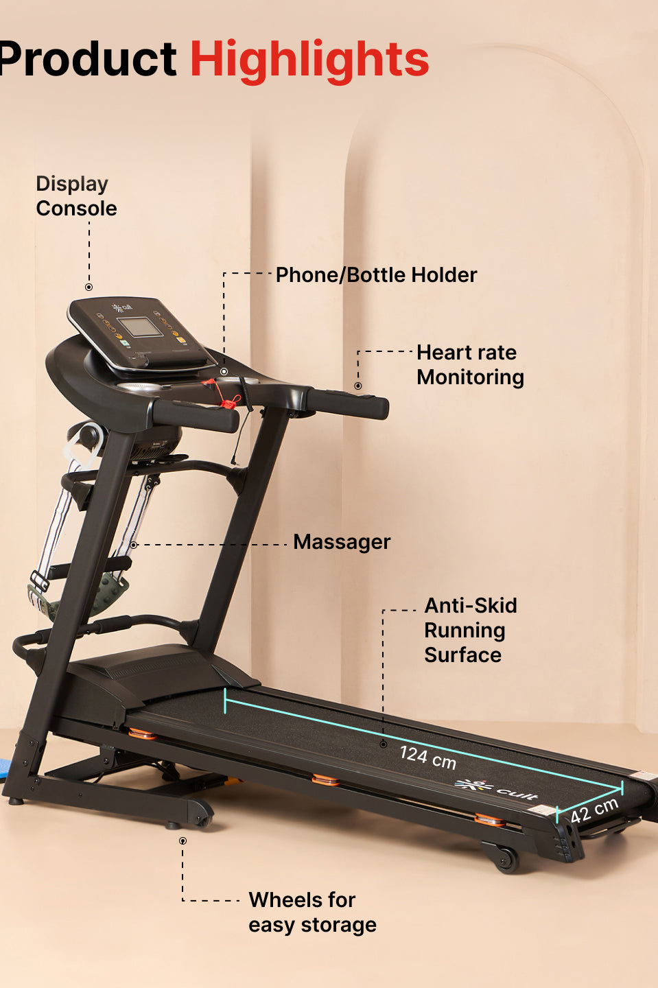 Cultrun 5 HP Peak Treadmill | 15-level Auto-Incline & Massager | Max Weight-120kg | Max Speed-14.8kmph (with 6 Months Extended Warranty)