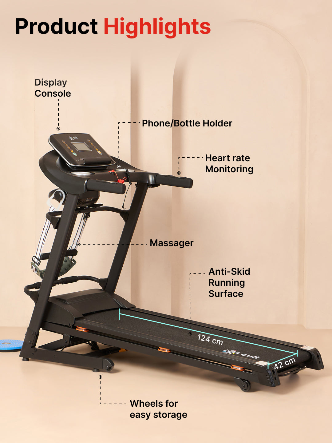 CultRunM4Auto 5 HP Peak Treadmill | 15-level Auto-Incline & Massager | Max Weight-120kg | Max Speed-14.8kmph (with 6 Months Extended Warranty)