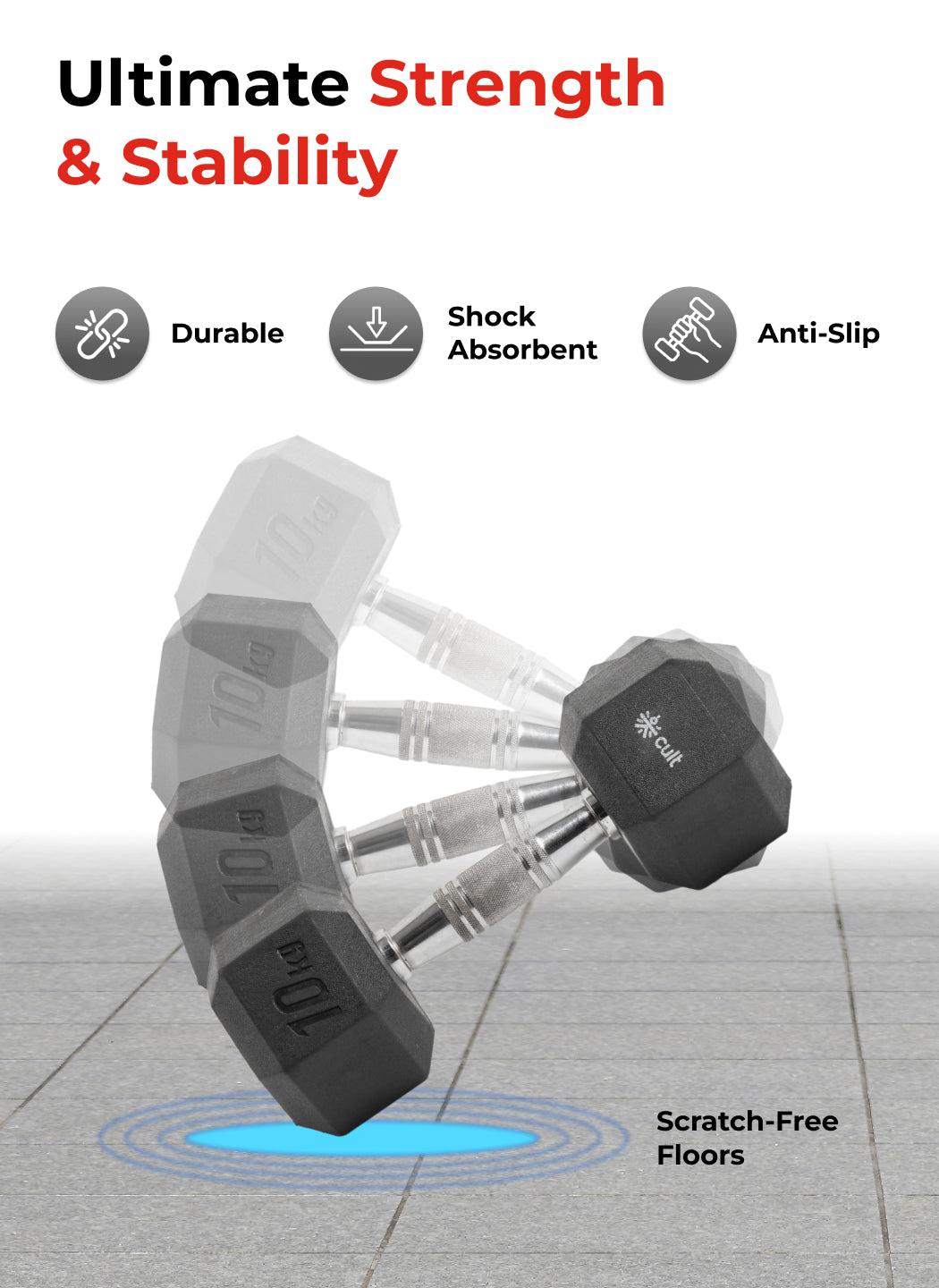 Cult 10Kg Hex Dumbbells For Home & Gym Exercises, Set of 2, (Black)