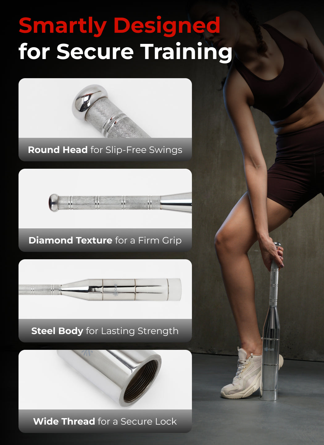 Cult 6-in-1 Adjustable Steel 8KG Mudgar for Full Body Training | Silver Indian Clubs (8 kg)