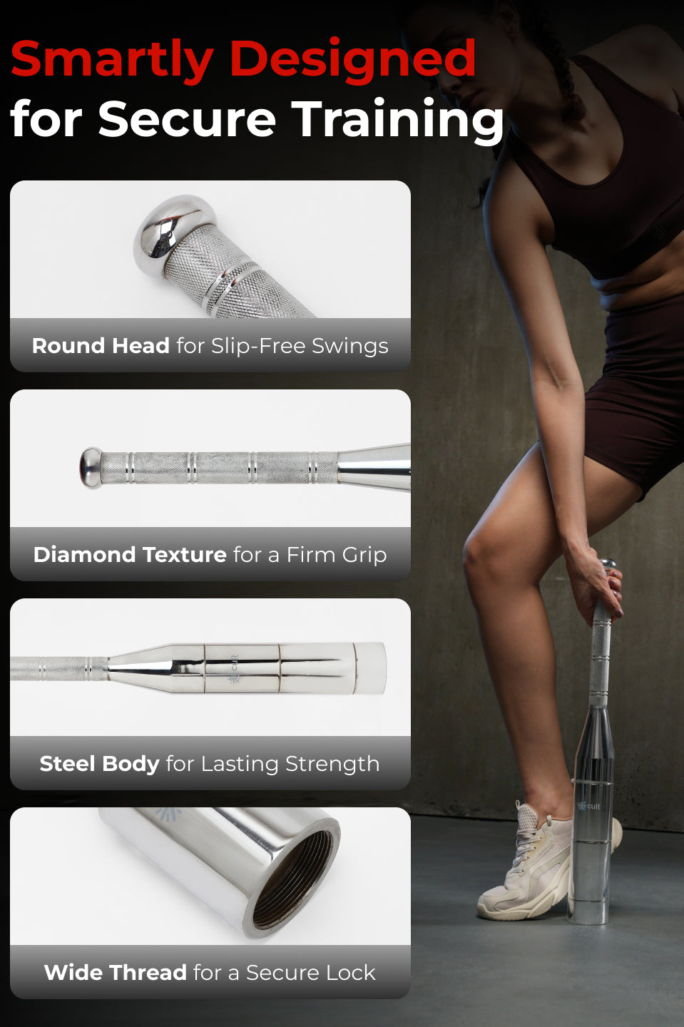 Cult 6-in-1 Adjustable Steel 8KG Mudgar for Full Body Training | Silver Indian Clubs (8 kg)