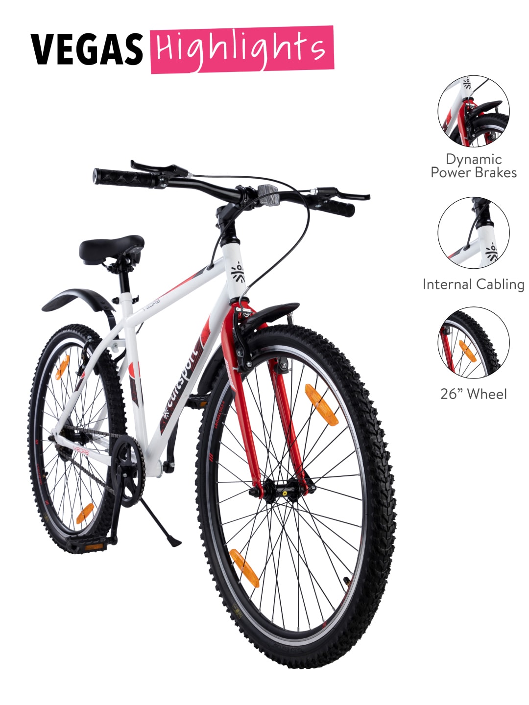 Vegas White Steel Single Speed Cycle 26 inch City Bike with Double Wall Rim and Rigid Fork