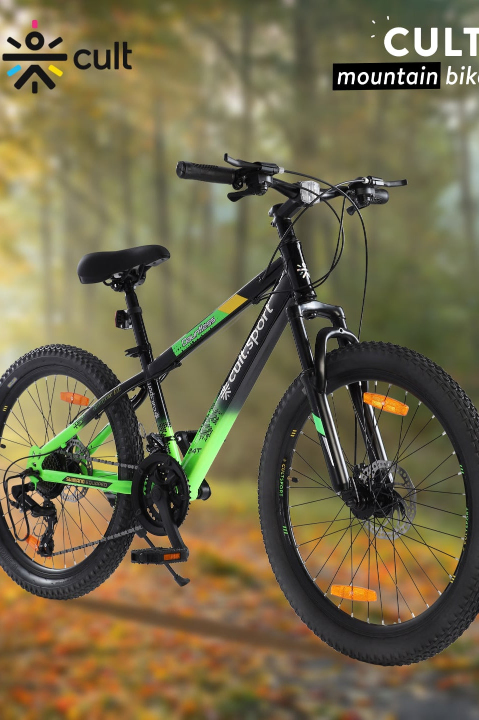 DAUNTLESS21S24TBLACKGREEN Steel 21 Speed Shimano Gear 24 inch Mountain Cycle, Dual Disc Brake, Front Suspension, Double Wall Rim