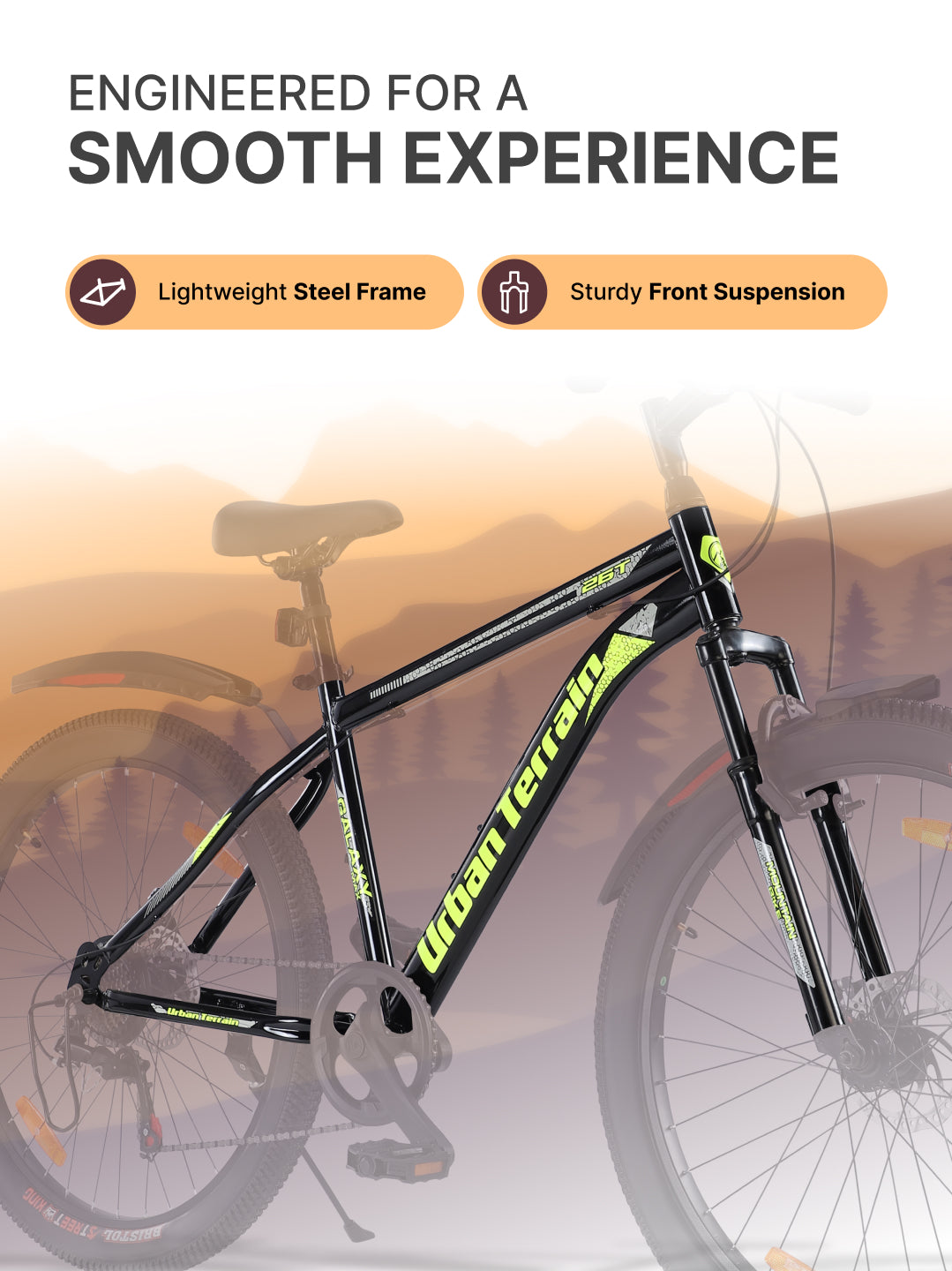 Galaxy Max Mountain Bike Steel 7 Speed Cycle 26 inch Tyre, Green With Front Suspension, Single Wall Rim and Dual Disc Brakes Ideal For 5 ft to 5.7 ft, Free Trainer Sessions and Cycling Event