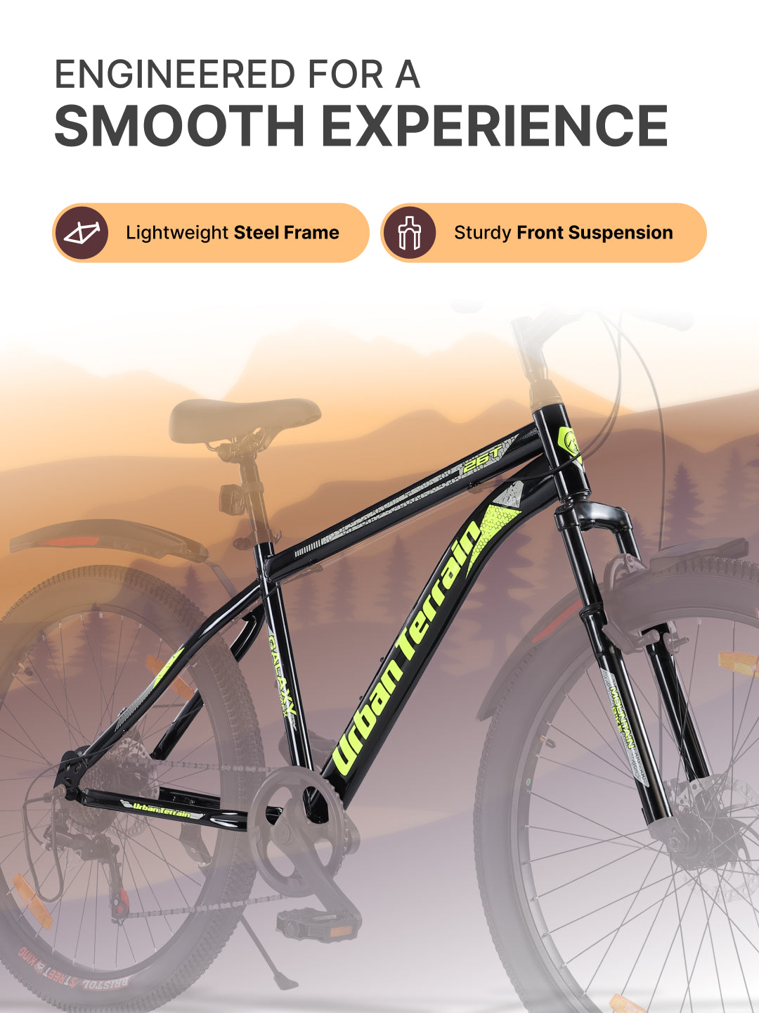 Galaxy Max Mountain Bike Steel 7 Speed Cycle 26 inch Tyre, Green With Front Suspension, Single Wall Rim and Dual Disc Brakes Ideal For 5 ft to 5.7 ft, Free Trainer Sessions and Cycling Event