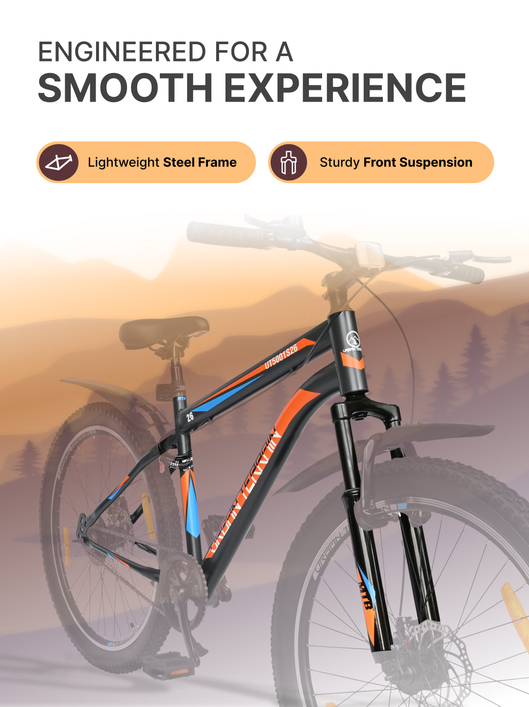 UT5001S26ACC Mountain Cycle Steel Single Speed 26 inch with Dual Disc Brakes, Front Suspension, Double Wall Alloy Rim, Bell & Lock, Black, Free Trainer Sessions, Cycling Event