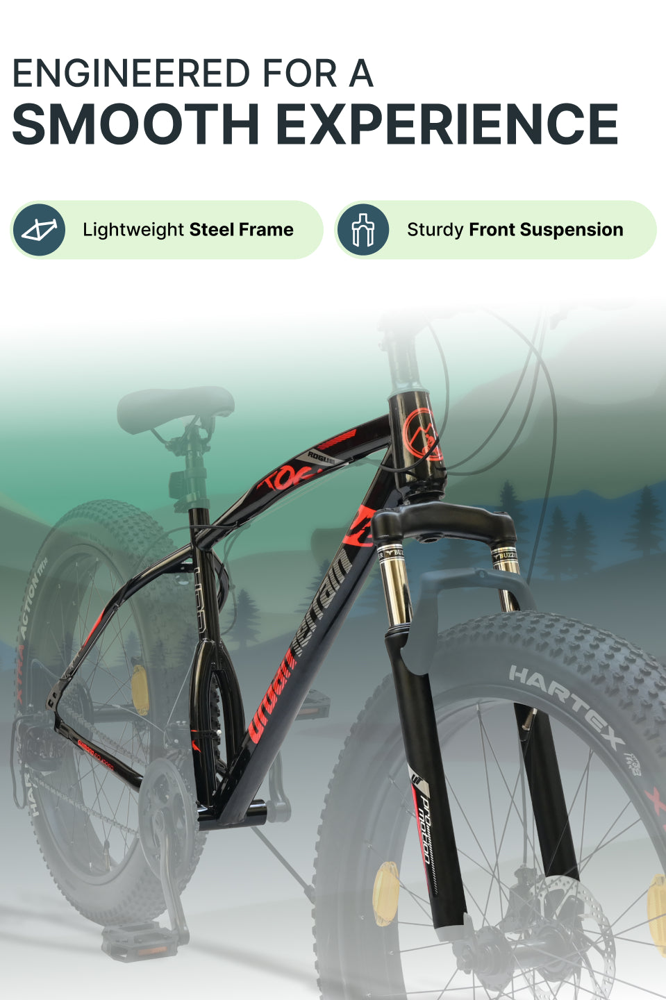 Rogue Mountain Bike Steel 21 Speed Cycle 26 inch Fat Tyre, Black With Front Suspension, Single Wall Rim and Dual Disc Brakes, Ideal For 5 ft to 5.7 ft, Free Trainer Sessions and Cycling Event