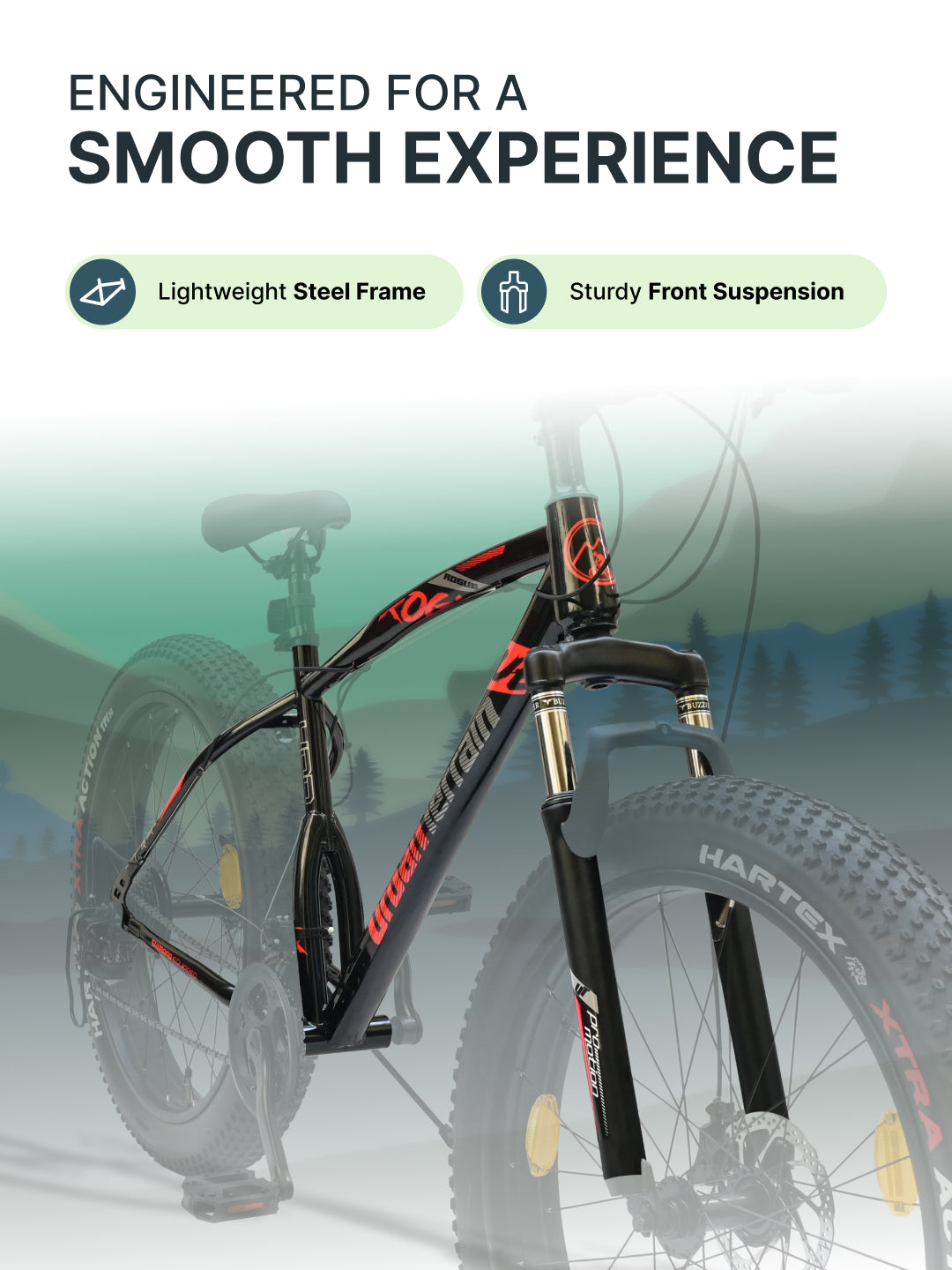 Rogue Mountain Bike Steel 21 Speed Cycle 26 inch Fat Tyre, Black With Front Suspension, Single Wall Rim and Dual Disc Brakes, Ideal For 5 ft to 5.7 ft, Free Trainer Sessions and Cycling Event