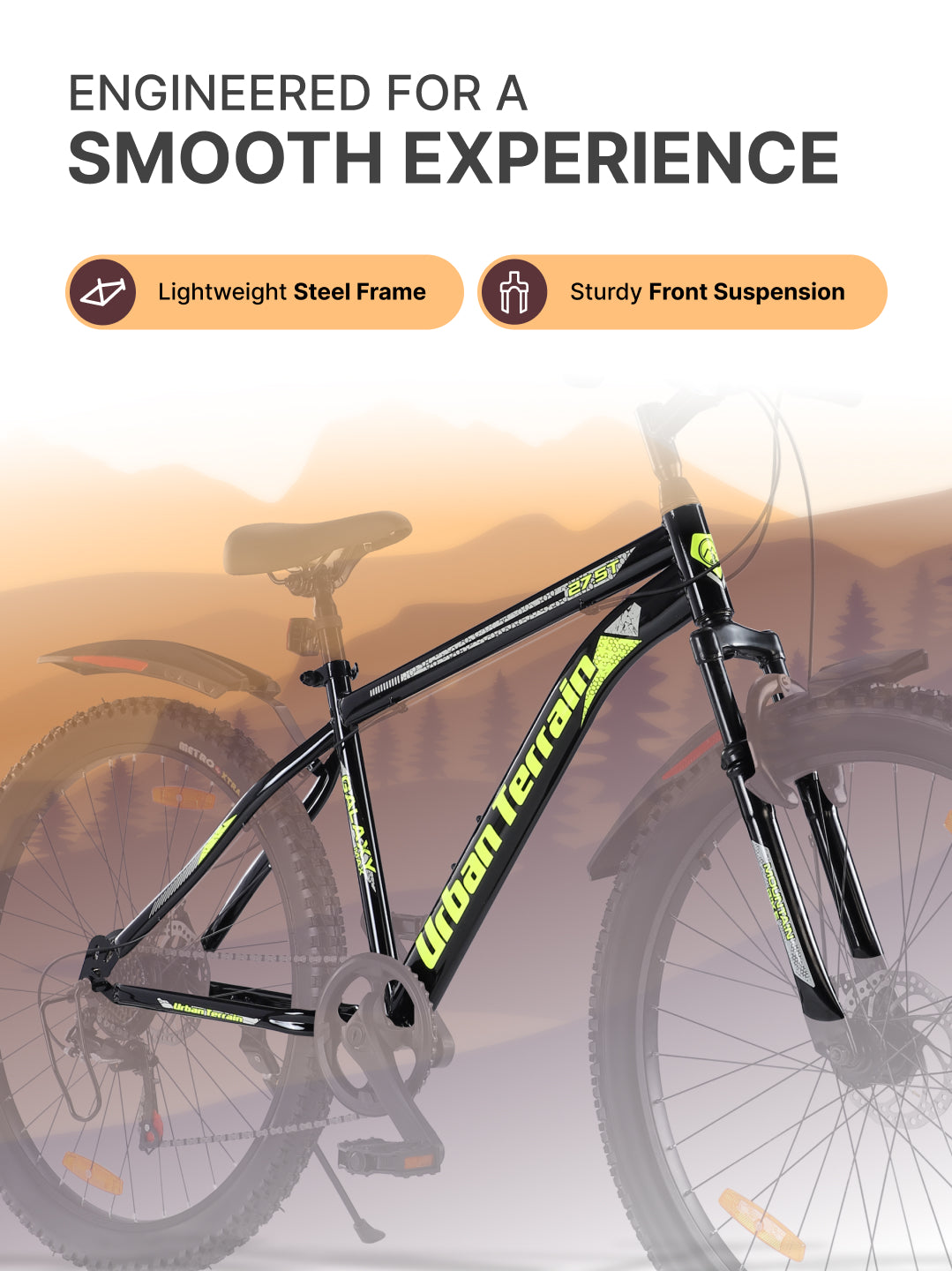 Galaxy Max Mountain Bike Steel 7 Speed Cycle 27.5 inch Tyre, Green With Front Suspension, Single Wall Rim and Dual Disc Brakes Ideal For 5.2 ft to 6 ft