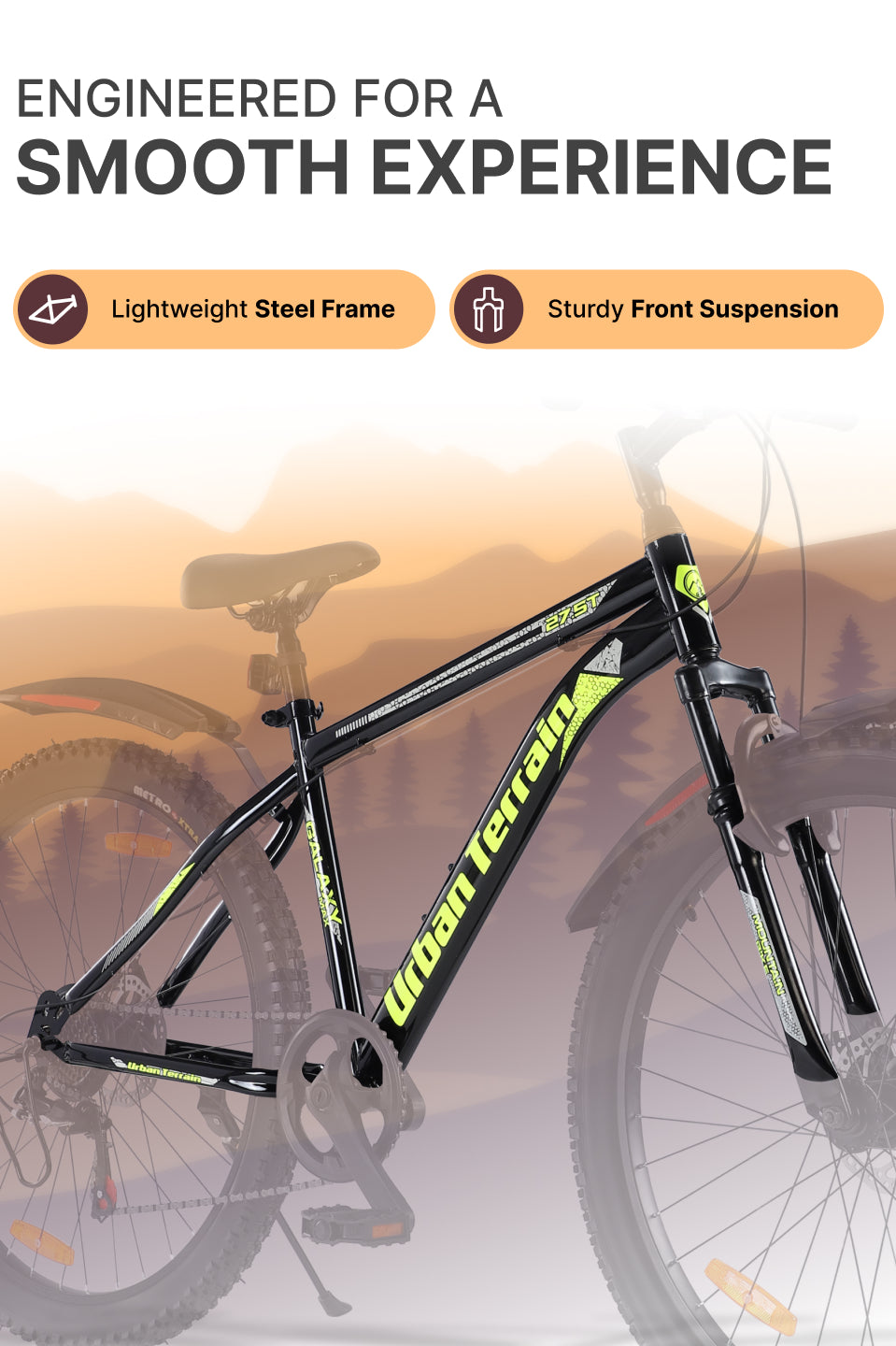 Galaxy Max Mountain Bike Steel 7 Speed Cycle 27.5 inch Tyre, Green With Front Suspension, Single Wall Rim and Dual Disc Brakes Ideal For 5.2 ft to 6 ft