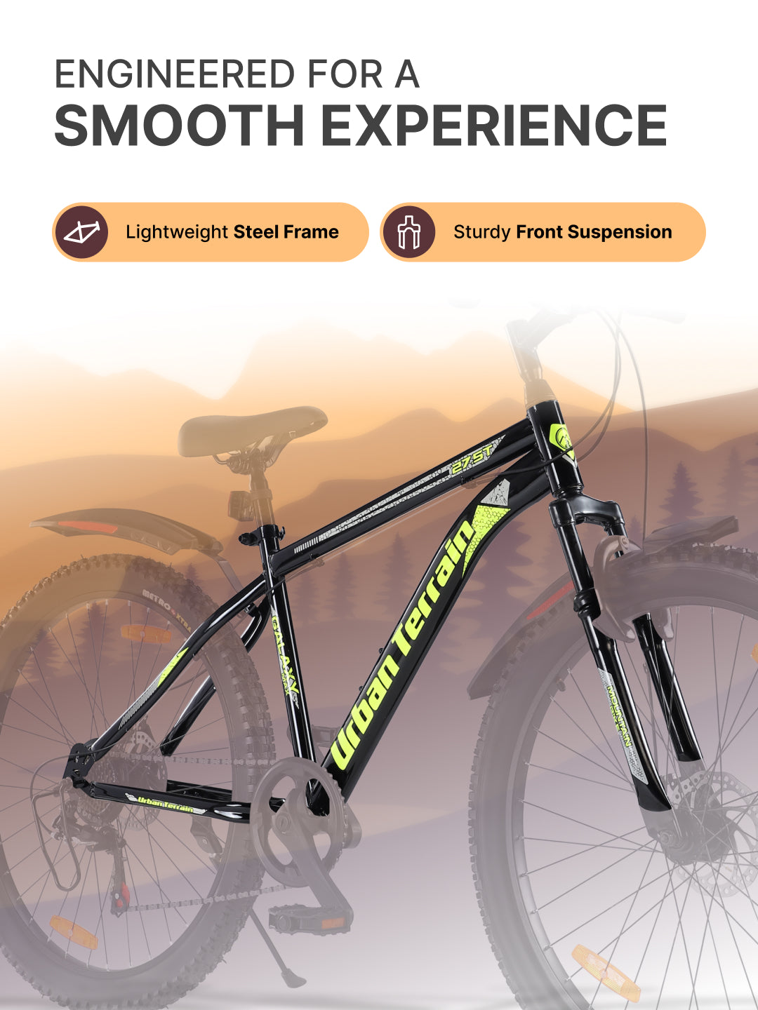 Galaxy Max Mountain Bike Steel 7 Speed Cycle 27.5 inch Tyre, Green With Front Suspension, Single Wall Rim and Dual Disc Brakes Ideal For 5.2 ft to 6 ft