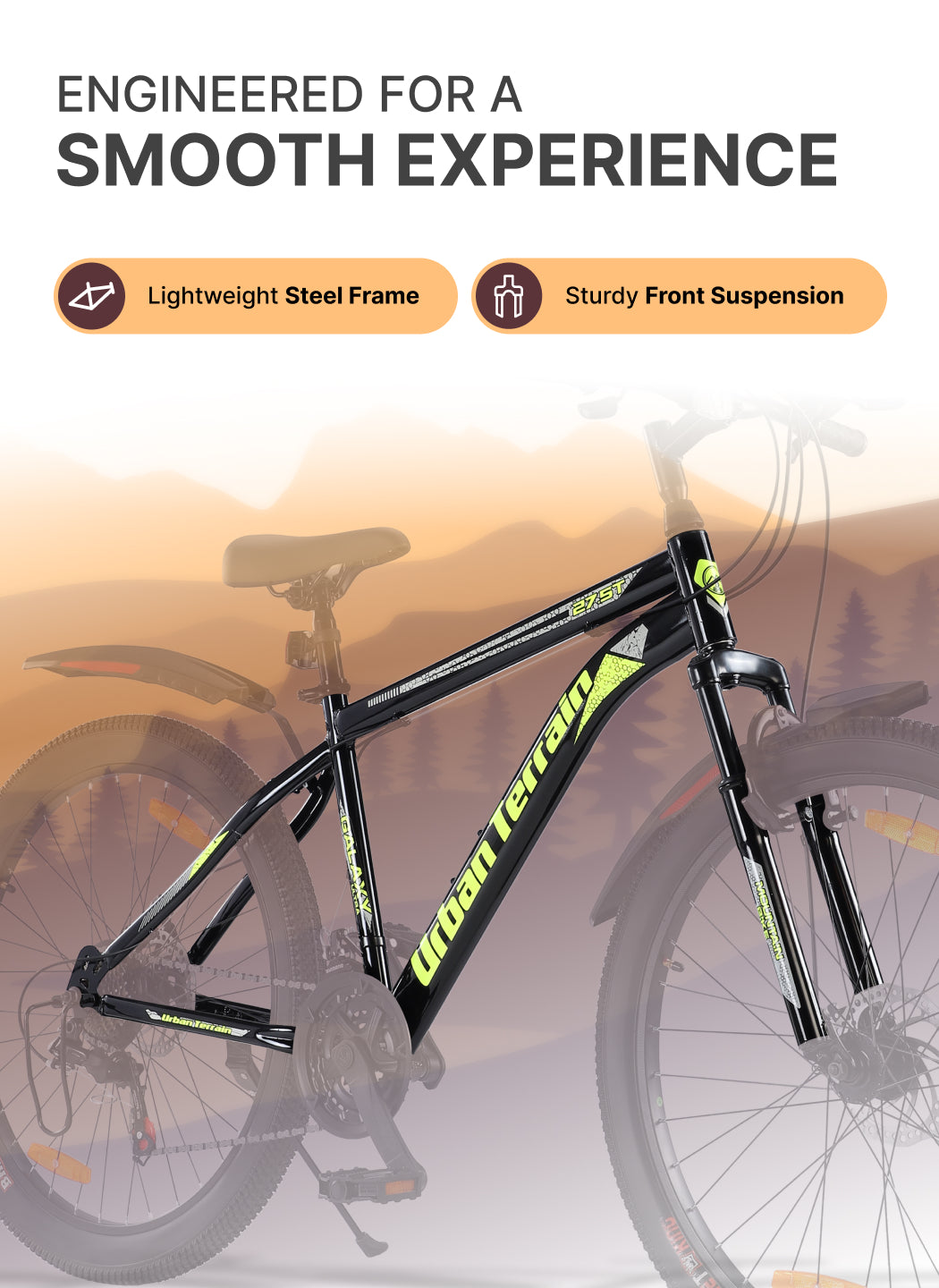 Galaxy Ultra Mountain Bike Steel 21 Speed Cycle 27.5 inch Tyre, Green With Front Suspension, Single Wall Rim and Dual Disc Brakes Ideal For 5.2 ft