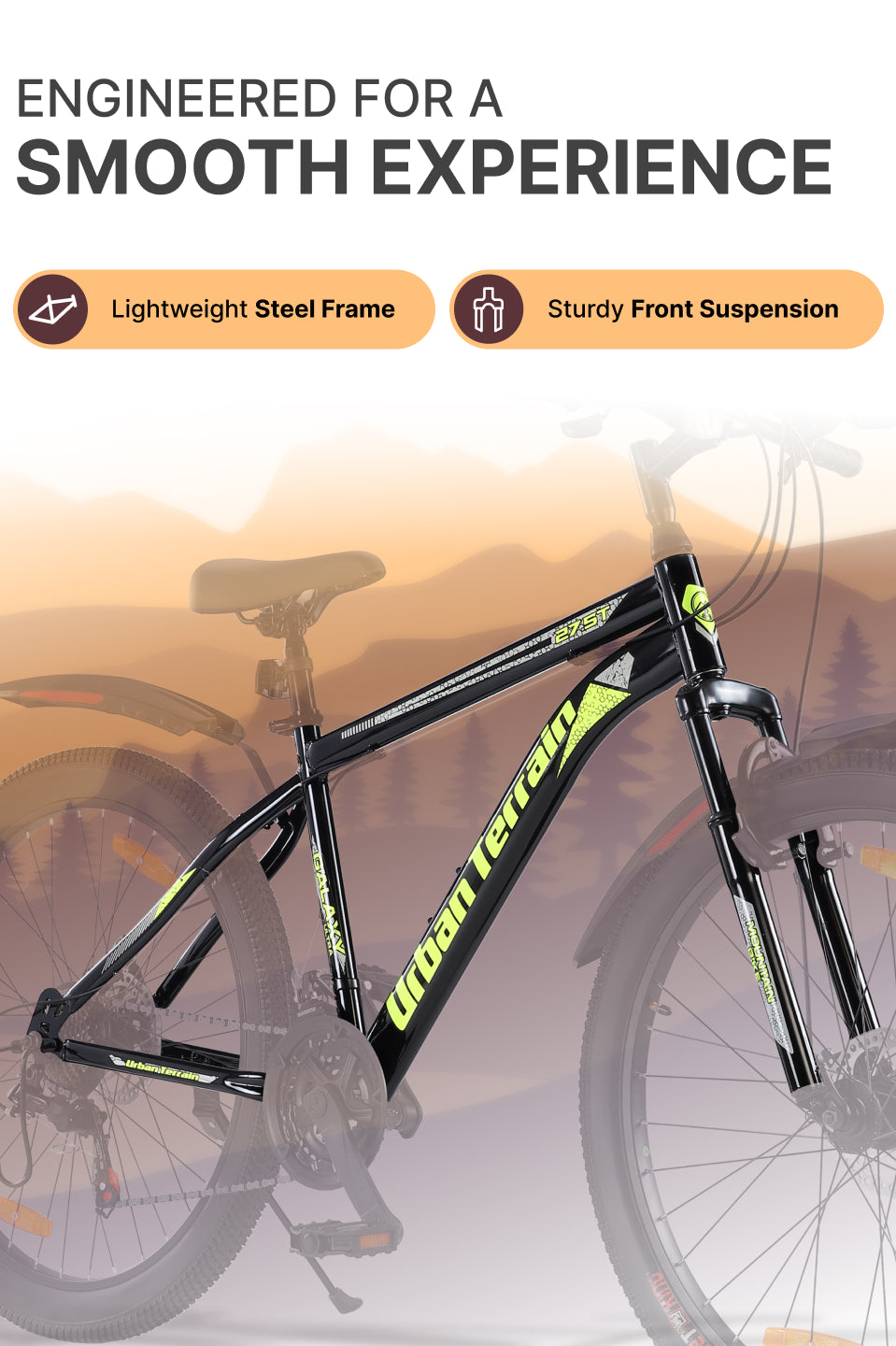 Galaxy Ultra Mountain Bike Steel 21 Speed Cycle 27.5 inch Tyre, Green With Front Suspension, Single Wall Rim and Dual Disc Brakes Ideal For 5.2 ft