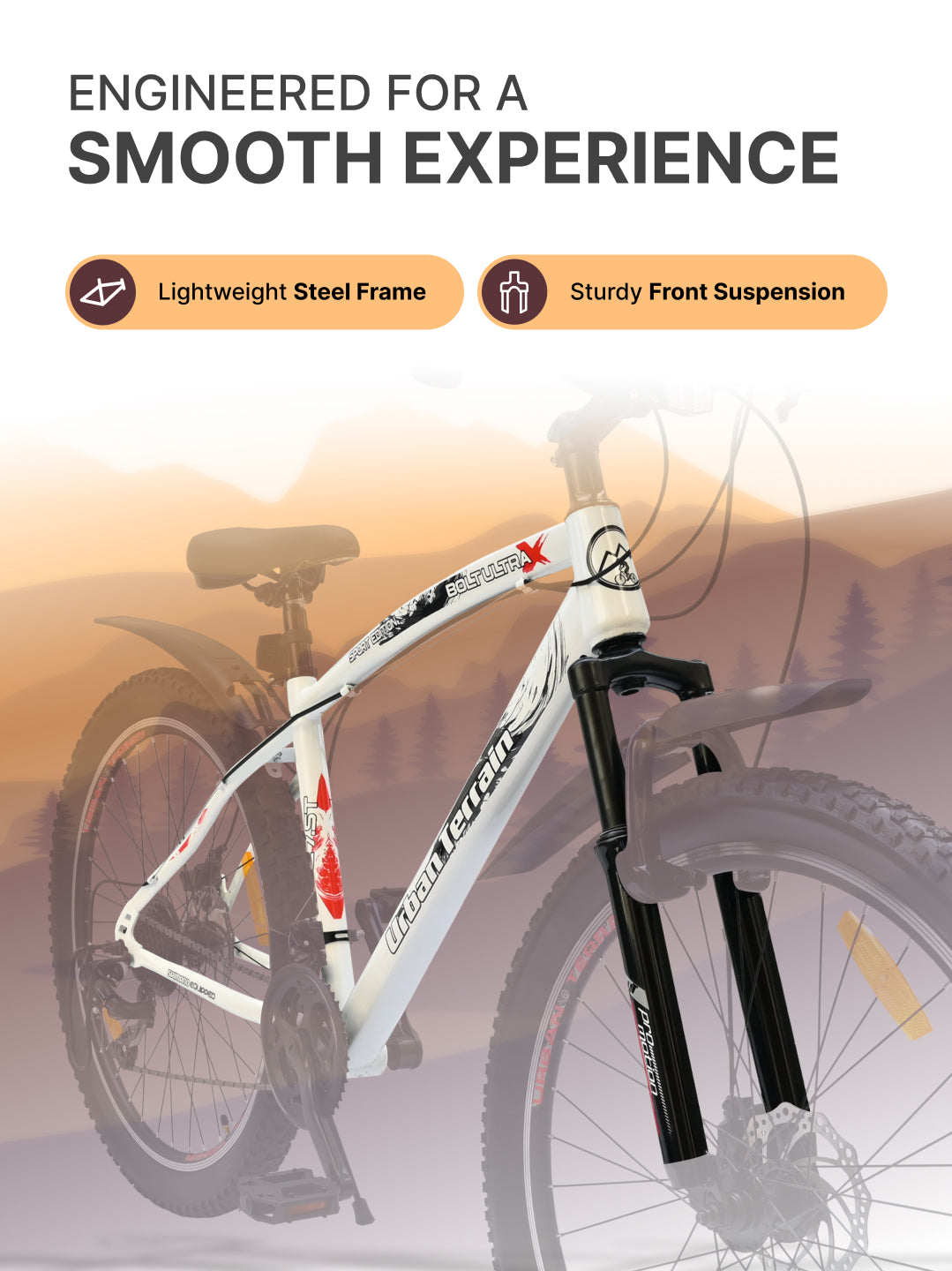 Bolt Ultra Mountain Bike Steel 21 Speed Cycle 27.5 inch Tyre, White With Front Suspension, Double Wall Rim and Dual Disc Brakes, Ideal For 5.2 ft to 6 ft